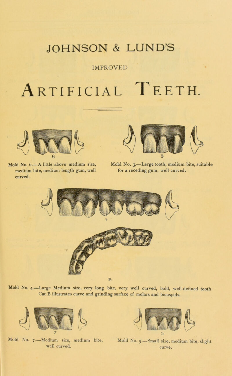 IMPROVED Artificial Teeth. Mold No. 6.—A little above medium size. Mold No. 3.—Large tooth, medium bite, suitable medium bite, medium length gum, well for a receding gum, well curved, curved. B. Mold No. 4.—Large Medium size, very long bite, very well curved, bold, well-defined tooth Cut B illustrates curve and grinding surface of molars and bicuspids. Mold No. 7.—Medium size, medium bite, well curved. Mold No. 5.—Small size, medium bite, sligh curve.