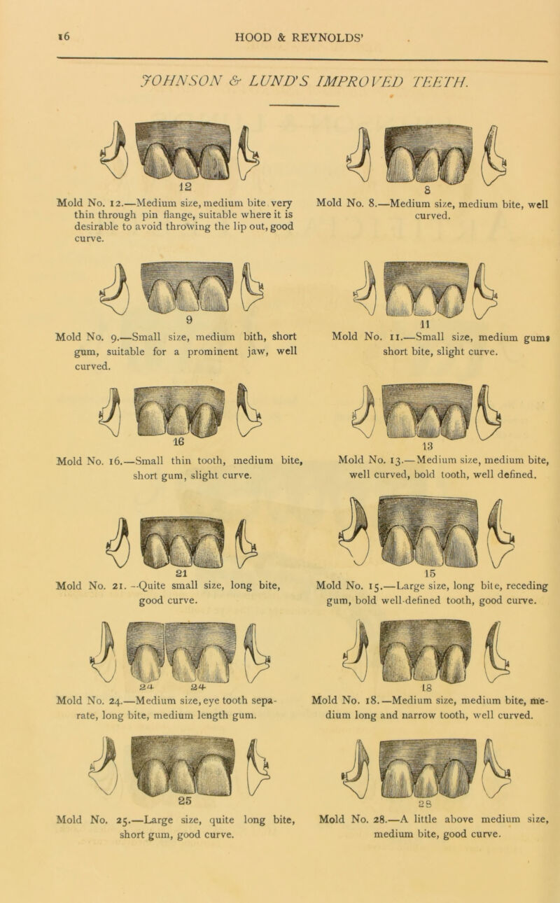 JOHNSON & LUND'S IMPROVED TEETH. Mold No. 12.—Medium size, medium bite very thin through pin flange, suitable where it is desirable to avoid throwing the lip out, good curve. Mold No. 8.—Medium size, medium bite, well curved. 4 Mold No. 9.—Small size, medium bith, short gum, suitable for a prominent jaw, well curved. Mold No. 16.—Small thin tooth, medium bite, short gum, slight curve. Mold No. II.—Small size, medium gum* short bite, slight curve. 13 Mold No. 13.—Medium size, medium bite, well curved, bold tooth, well defined. 21 Mold No. 21. —Quite small size, long bite, good curve. Mold No. 24.—Medium size, eye tooth sepa- rate, long bite, medium length gum. 15 Mold No. 15.—Large size, long bite, receding gum, bold well-defined tooth, good curve. 18 Mold No. 18.—Medium size, medium bite, me- dium long and narrow tooth, well curved. Mold No. 25.—Large size, quite long bite, 2 S Mold No. 28.—A little above medium size,