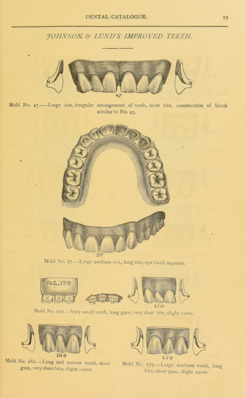 JOHNSON: & LUND’S IMPROVED TEETH. Mold No. 47. Large size, irregular arrangement of teeth, short bite, construction of block similar to No. 45. * Mold No. 170.—Very small tooth, long gum, very short bite, slight curve. 18 2 Mold No. 182—Long and narrow tooth, short gum, very short bite, slight curve. 17 9 Mold No. 179.—Large medium tooth, long bite, short gum, slight curve.