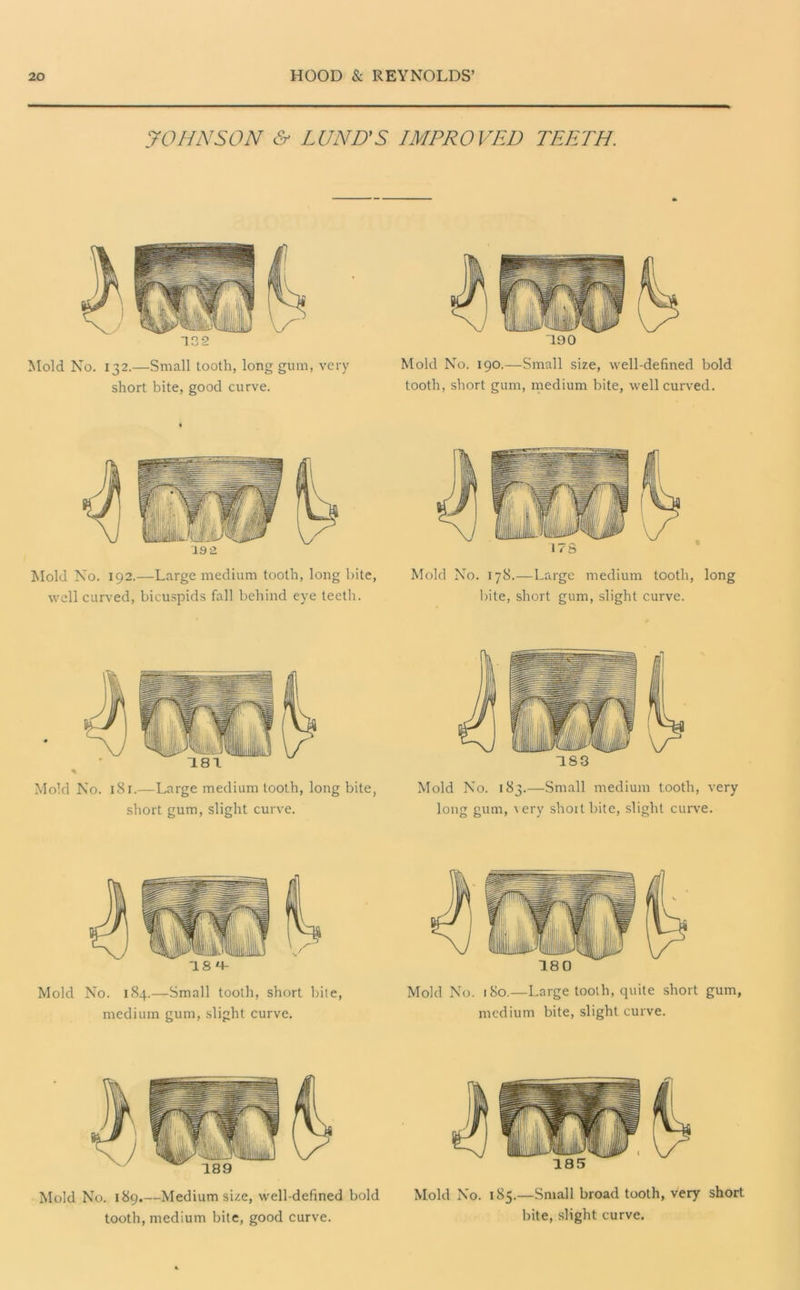 JO HNS ON & LUND'S IMPROVED TEETH. 132 Mold No. 132.—Small tooth, long gum, very short bite, good curve. Mold No. 190.—Small size, well-defined bold tooth, short gum, medium bite, well curved. 190 19 2 Mold No. 192.—Large medium tooth, long bite, well curved, bicuspids fall behind eye teeth. Mold No. 178.—Large medium tooth, long bite, short gum, slight curve. Mold No. 18 r.—Large medium tooth, long bite, short gum, slight curve. 183 Mold No. 183.—Small medium tooth, very long gum, \ ery short bite, slight curve. Mold No. 184.—Small tooth, short bite, medium gum, slight curve. 1 8 L\- 180 Mold No. 180.—Large tooth, quite short gum, medium bite, slight curve. Mold No. 189.—Medium size, well-defined bold Mold No. 185.—Small broad tooth, very short tooth, medium bite, good curve. bite, slight curve.