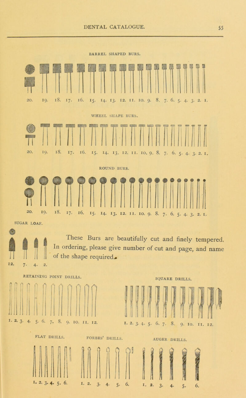 BARREL SHAPED BURS. WHEEL SHAPE BURS. 20. 17. 16. 15. 14. 13. 12. ii. 10.9. 8. 7. 6. 5. 4. 3.2. I. ROUND BURS. © 19- 18. 17. 16. 15. 14. 13. 12. 11. 10. 9. 8. 7. 6. 5. 4. 3. 2. 1. SUGAR LOAF. Ihese Burs are beautifully cut and finely tempered. In ordering, please give number of cut and page, and name of the shape required.* RETAINING POINT DRILLS. f| fl f A A rO n n n ^ A I# 2‘ 3- 4- 5. 6. 7. 8. 9. 10. 11. 12. SQUARE DRILLS. FLAT DRILLS. FORBES’ DRILLS. AUGER DRILLS.