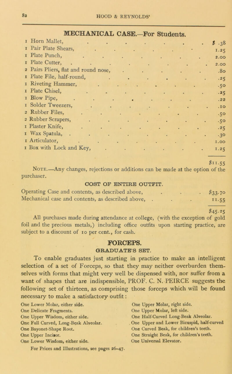 MECHANICAL CASE.—For Students. i Horn Mallet, ...... i Pair Plate Shears, ..... i Plate Punch, ...... 1 Plate Cutter, ...... 2 Pairs Pliers, flat and round nose, .... i Plate File, half-round, . i Riveting Hammer, . . i Plate Chisel, ...... i Blow Pipe, ...... 1 Solder Tweezers, ..... 2 Rubber Files, ...... 2 Rubber Scrapers, ...... i Plaster Knife, ...... i Wax Spatula, ....... i Articulator, ...... i Box with Lock and Key, ..... $ .38 I25 2.00 2.00 .80 •25 •5° •25 .22 .10 •5° •5° •25 •3° 1.00 1.25 $ii-55 Note.—Any changes, rejections or additions can be made at the option of the purchaser. COST OF ENTIRE OUTFIT. Operating Case and contents, as described above, . . . $33.70 Mechanical case and contents, as described above, . . . 11.55 $45-25 All purchases made during attendance at college, (with the exception of gold foil and the precious metals,) including office outfits upon starting practice, are subject to a discount of 10 per cent., for cash. FORCEPS. GRADUATE’S SET. To enable graduates just starting in practice to make an intelligent selection of a set of Forceps, so that they may neither overburden them- selves with forms that might very well be dispensed with, nor suffer from a want of shapes that are indispensible, PROF. C. N. PEIRCE suggests the following set of thirteen, as comprising those forceps which will be found necessary to make a satisfactory outfit: One Lower Molar, either side. One Delicate Fragments. One Upper Wisdom, either side. One Full Curved, Long-Beak Alveolar. One Bayonet-Shape Root. One Upper Incisor. One Lower Wisdom, either side. One Upper Molar, right side. One Upper Molar, left side. One Half-Curved Long-Beak Alveolar. One Upper and Lower Bicuspid, half-curved One Curved Beak, for children’s teeth. One Straight Beak, for children’s teeth. One Universal Elevator. For Prices and Illustrations, see pages 26-47.