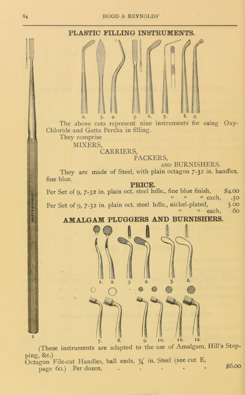 PLASTIC FILLING INSTRUMENTS. I R! I The above cuts represent nine instruments for using Oxy- Chloride and Gutta Percha in filling. They comprise MIXERS, CARRIERS, PACKERS, and BURNISHERS. They are made of Steel, with plain octagon 7-32 in. handles, fine blue. PRICE. Per Set of 9, 7-32 in. plain oct. steel hdle., fine blue finish, $4.00 “ “ “ each, .50 Per Set of 9, 7-32 in. plain oct. steel hdle., nickel-plated, 5.00 “ each, .60 AMALGAM PLUGGERS AND BURNISHERS. 7. 8. 9- (These instruments are adapted to the use of Amalgam, Hill s Stop- ping, &c.) ^ Octagon File-cut Handles, ball ends, in. Steel (see cut E, page 60.) Per dozen, . $6.00