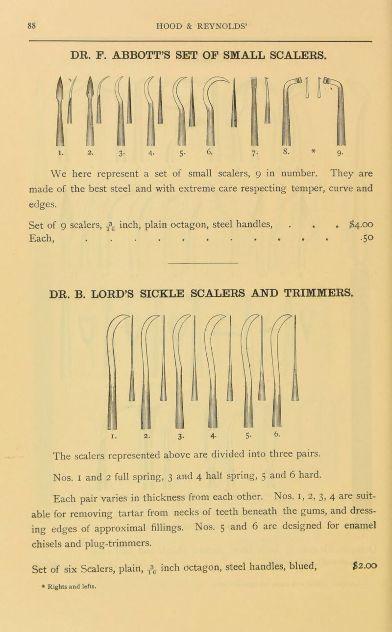 DR. F. ABBOTT’S SET OF SMALL SCALERS. We here represent a set of small scalers, 9 in number. They are made of the best steel and with extreme care respecting temper, curve and edges. Set of 9 scalers, inch, plain octagon, steel handles, . . . $4.00 Each, . . • • • • • • • • • -5° DR. B. LORD’S SICKLE SCALERS AND TRIMMERS. 1. 2. 3. 4- 5- The scalers represented above are divided into three pairs. Nos. 1 and 2 full spring, 3 and 4 half spring, 5 and 6 hard. Each pair varies in thickness from each other. Nos. 1, 2, 3, 4 are suit- able for removing tartar from necks of teeth beneath the gums, and dress- ing edges of approximal fillings. Nos. 5 and 6 are designed for enamel chisels and plug-trimmers. Set of six Scalers, plain, T3^ inch octagon, steel handles, blued, $2.00 * Rights and lefts.