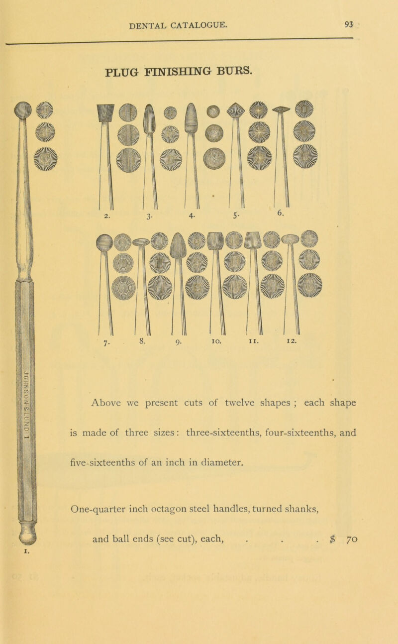 PLUG FINISHING BURS. 8. 9. 10. 11. 12. Above we present cuts of twelve shapes ; each shape is made of three sizes: three-sixteenths, four-sixteenths, and five-sixteenths of an inch in diameter. One-quarter inch octagon steel handles, turned shanks. and ball ends (see cut), each, $ 70