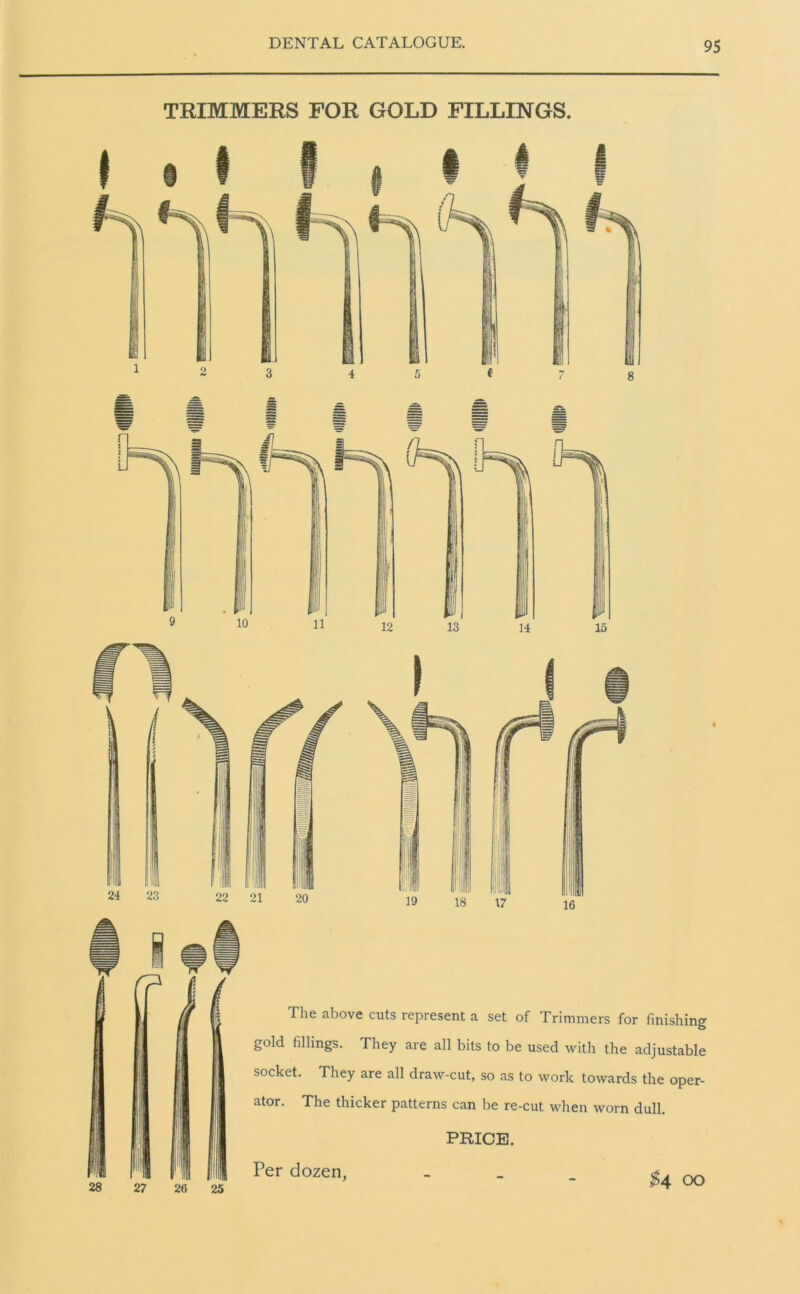 fillip TRIMMERS FOR GOLD FILLINGS. f i t The above cuts represent a set of Trimmers for finishing gold fillings. They are all bits to be used with the adjustable socket. They are all draw-cut, so as to work towards the oper- ator. The thicker patterns can be re-cut when worn dull. PRICE. 28 Per dozen, $4 oo