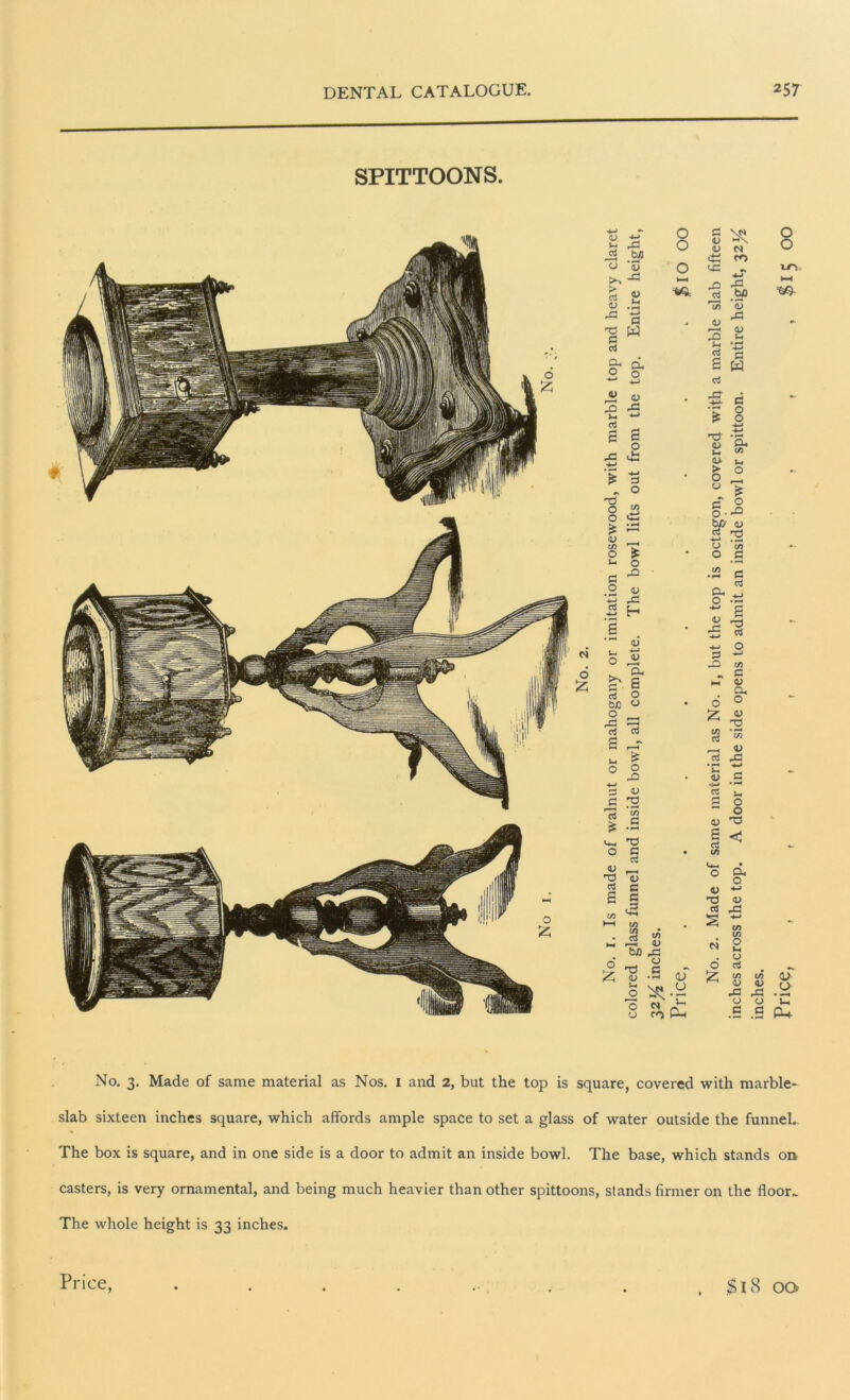 SPITTOONS. <u ,2 M '■**> a W 01 V X X) C rt 0-1 A. 2 o W 4-> v o U *> P . s ! x £ +-< * 3 - O X o i2 o <x £ - V <s> X o £ u o - X! <u X H c s rt O bjO o o X X rt S o O O o l-H *0: P (U V N eti co <-C rt ,y> r«7) cd « ^ X H '412 g P £ w CD S-i ctf .cr rr3' CD 3~. CD O CD o. C/3 J-i o ^ £ a 0 O-rO b/> <d rt x O o C/3 P c3 fr ^ O • *-« ~ s 10 X x 5 •4—■ O P ^ -O C/3 ^ c « CD cu o O r—H z, CD rs d % * C/3 Is <D DC 0 • -4-4 X • <D c u a X g 0 ' m 0 fi <D X s ci c • C/3 U-. l—< O a, <D 0 c <D •*-> 0 CD <5 Ctf rP C/3 c/3 -2 v w> x • S ri -*-» C/3 C/3 O O X <u <D <s d £ d C/3 <D 0 N *n CD e o o m HH in qj. S <-> o u. .S .S P+ No. 3. Made of same material as Nos. 1 and 2, but the top is square, covered with marble- slab sixteen inches square, which affords ample space to set a glass of water outside the funnel- The box is square, and in one side is a door to admit an inside bowl. The base, which stands on casters, is very ornamental, and being much heavier than other spittoons, stands firmer on the floor- The whole height is 33 inches. Price, $18 OQ