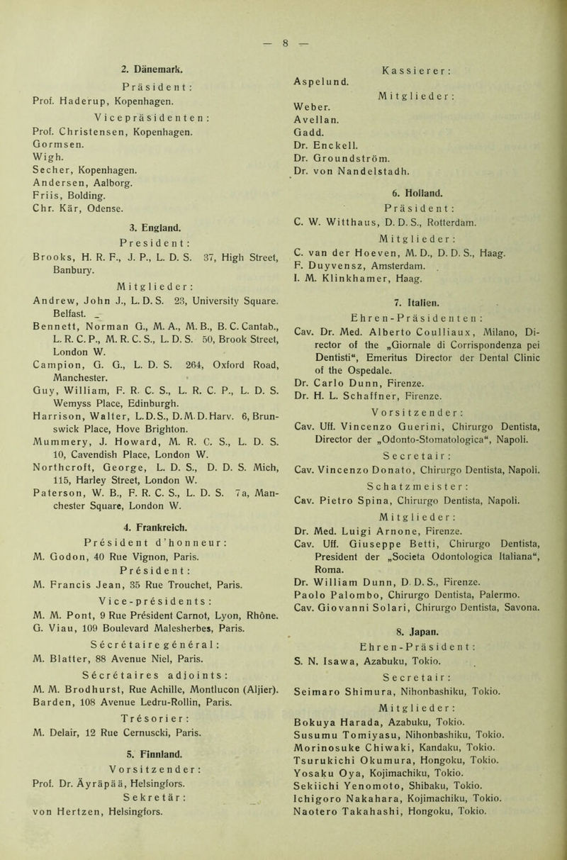 2. Danemark. Pra s i d e n t : Prof. Haderup, Kopenhagen. Viceprasidenten: Prof. Christensen, Kopenhagen. Gormsen. Wigh. Secher, Kopenhagen. Andersen, Aalborg. Friis, Bolding. Chr. Kar, Odense. 3. England. President: Brooks, H. R. F., J. P., L. D. S. 37, High Street, Banbury. M i t g 1 i e d e r: Andrew, John J., L. D. S. 23, University Square. Belfast. _ Bennett, Norman G., M. A., M. B., B. C. Cantab., L. R. C. P., M. R. C. S., L. D. S. 50, Brook Street, London W. Campion, G. G., L. D. S. 264, Oxford Road, Manchester. Guy, William, F. R. C. S., L. R. C. P., L. D. S. Wemyss Place, Edinburgh. Harrison, Walter, L.D.S., D.M.D.Harv. 6, Brun- swick Place, Hove Brighton. Mummery, J. Howard, M. R. C. S., L. D. S. 10, Cavendish Place, London W. Northcroft, George, L. D. S., D. D. S. Mich, 115, Harley Street, London W. Paterson, W. B., F. R. C. S., L. D. S. 7a, Man- chester Square, London W. 4. Frankreich. President d’honneur: M. Go don, 40 Rue Vignon, Paris. President: M. Francis Jean, 35 Rue Trouchet, Paris. Vice-presidents: M. M. Pont, 9 Rue President Carnot, Lyon, Rhone. G. Viau, 109 Boulevard Malesherbes, Paris. Secretaire general: M. Blatter, 88 Avenue Niel, Paris. Secretaires adjoints: M. M. Brodhurst, Rue Achille, Montlucon (Aljier). Barden, 108 Avenue Ledru-Rollin, Paris. Tresorier: M. Delair, 12 Rue Cernuscki, Paris. 5. Finnland. Vorsitzender: Prof. Dr. Ayrapaa, Helsingfors. Sekretar: von Hertzen, Helsingfors. Kassierer: Aspelund. M i t g 1 i e d e r: Weber. Avellan. Gadd. Dr. Enckell. Dr. Groundstrom. Dr. von Nandelstadh. 6. Holland. President: C. W. Witthaus, D. D. S., Rotterdam. M i t g 1 i e d e r : C. van der Hoeven, M. D., D. D. S., Haag. F. Duyvensz, Amsterdam. 1. M. Klinkhamer, Haag. 7. Italien. Ehren-Prasidenten: Cav. Dr. Med. Alberto Coulliaux, Milano, Di- rector of the „Giornale di Corrispondenza pei Dentisti, Emeritus Director der Dental Clinic of the Ospedale. Dr. Carlo Dunn, Firenze. Dr. H. L. Schaffner, Firenze. Vorsitzender: Cav. Uff. Vincenzo Guerini, Chirurgo Dentista, Director der „Odonto-Stomatologica“, Napoli. Secretair: Cav. Vincenzo Donato, Chirurgo Dentista, Napoli. Schatzmeister: Cav. Pietro Spina, Chirurgo Dentista, Napoli. M i t g 1 i e d e r : Dr. Med. Luigi Arnone, Firenze. Cav. Uff. Giuseppe Betti, Chirurgo Dentista, President der „Societa Odontologica Italiana“, Roma. Dr. William Dunn, D. D. S., Firenze. Paolo Palombo, Chirurgo Dentista, Palermo. Cav. Giovanni Solari, Chirurgo Dentista, Savona. 8. Japan. Ehren-Prasident: S. N. Isawa, Azabuku, Tokio. Secretair: Seimaro Shimura, Nihonbashiku, Tokio. M i t g 1 i e d e r: Bokuya Harada, Azabuku, Tokio. Susumu Tomiyasu, Nihonbashiku, Tokio. Morinosuke Chiwaki, Kandaku, Tokio. Tsurukichi Okumura, Hongoku, Tokio. Yosaku Oya, Kojimachiku, Tokio. Sekiichi Yenomoto, Shibaku, Tokio. Ichigoro Nakahara, Kojimachiku, Tokio. Naotero Takahashi, Hongoku, Tokio.