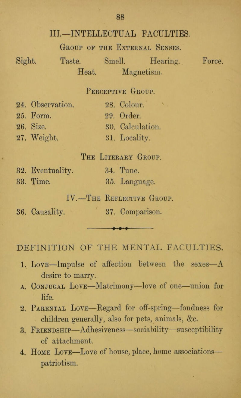 III.—INTELLECTUAL FACULTIES. Group of the External Senses. Sight. Taste. Smell. Hearing. Force. Heat. Magnetism. Perceptive Group. 24. 25. 26. 27. 32. 33. 36. Observation. 28. Colour. Form. 29. Order. Size. 30. Calculation. Weight. 31. Locality. The Literary Group. Eventuality. 34. Tune. Time. 35. Language. IV.—The Eeflective Group. Causality. 37. Comparison. DEFINITION OF THE MENTAL FACULTIES. 1. Love—Impulse of affection between the sexes—A desire to marry. A. Conjugal Love—Matrimony—love of one—union for life. 2. Parental Love—Regard for off-spring—fondness for children generally, also for pets, animals, &c. 3. Friendship—Adhesiveness—sociability—susceptibility of attachment. 4. Home Love—Love of house, place, home associations— patriotism.