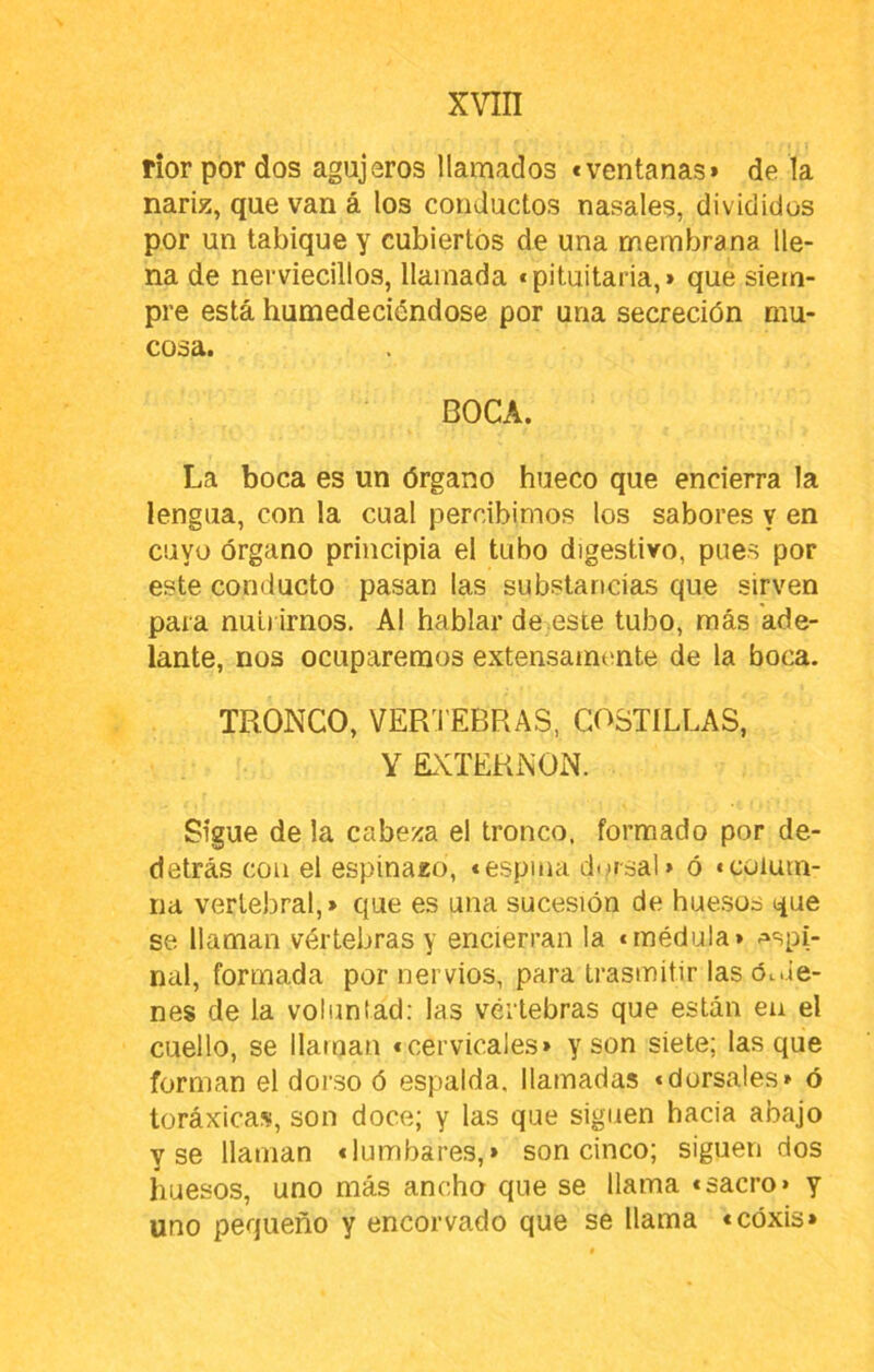 x\an rior por dos agujeros llamados c ventanas^ de la nariz, que van á los conductos nasales, divididos por un tabique y cubiertos de una membrana lle- na de nerviecillos, llamada «pituitaria,» que siem- pre está humedeciéndose por una secreción mu- cosa. BOCA. La boca es un órgano hueco que encierra la lengua, con la cual percibimos los sabores y en cuyo órgano principia el tubo digestivo, pues por este conducto pasan las substancias que sirven para nutrirnos. Al hablar de.este tubo, más ade- lante, nos ocuparemos extensaintmte de la boca. TRONCO, VERTEBRAS, COSTILLAS, Y EXTERNON. Sigue de la cabeza el tronco, formado por de- detrás con el espinazo, «espina dorsal» ó «colum- na vertebral,» que es una sucesión de hue.sos que se llaman vértebras y encierran la «médula» espi- nal, formada por nervios, para trasmitir las ólne- nes de la voluntad; las vértebras que están en el cuello, se llaman «cervicales» y son siete; lasque forman el dorso ó espalda, llamadas «dorsales» ó torácicas, son doce; y las que siguen hacía abajo y se llaman «lumbares,» son cinco; siguen dos huesos, uno más ancho que se llama «sacro» y uno pequeño y encorvado que se llama «cóxis»