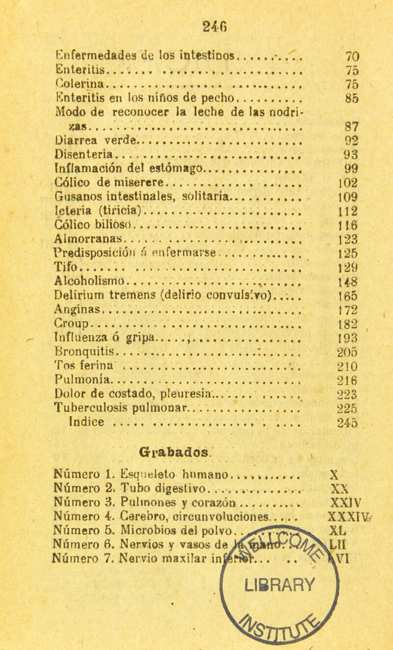 24G Enfermedades de los intestinos . 70 Enteritis 75 ('olerina 75 Enteritis en los niños de pecho 85 Modo de reconocer la leche de las nodri- zas. 87 Diarrea verde 92 Disenteria 93 Inflamación del estómago 99 Cólico de miserere 102 Gusanos intestinales, solitaria 109 Icteria (tiricia) 112 Cólico bilioso 116 Almorranas 123 Predisposición n enfermarse 125 Tifo ■ 129 Alcoholismo 148 Delirium tremens (delirio convulsivo).. 165 Anginas 172 Group 182 Influenza ó gripa ; 193 Bronquitis : 205 Tos ferina . 210 Pulmonía 216 Dolor de costado, pleuresía 223 Tuberculosis pulmonar. 225 Indice , .... 245 Grabados. t Número 1-Esqueleto humano.... * X Número 2. Tubo digestivo..... i XX Número 3. Pulmones y corazón XXIV Número 4. Cerebro, circunvoluciones XXXIV- Número 5. Microbios del polvo. Número 6. Nervios y vasos de Número 7. Nervio ma.xilar infierw v \VI LIBRARY