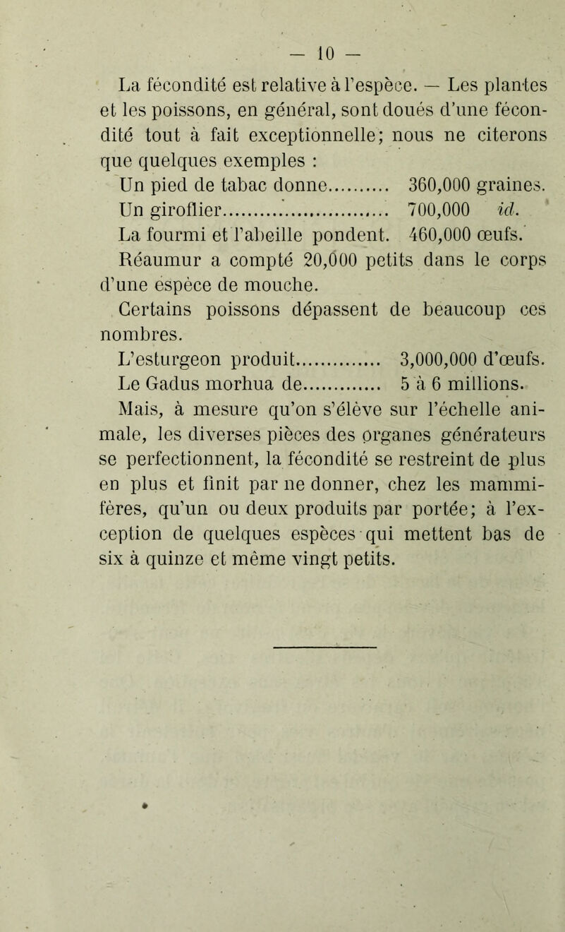 La fécondité est relative à l’espèce. — Les plantes et les poissons, en général, sont doués d’une fécon- dité tout à fait exceptionnelle; nous ne citerons que quelques exemples : Un pied de tabac donne 360,000 graines. Un giroflier 700,000 ici. La fourmi et l’abeille pondent. 460,000 œufs. Réaumur a compté 20,000 petits dans le corps d’une espèce de mouche. Certains poissons dépassent de beaucoup ces nombres. L’esturgeon produit 3,000,000 d’œufs. Le Gadus morhua de 5 à 6 millions. Mais, à mesure qu’on s’élève sur l’échelle ani- male, les diverses pièces des organes générateurs se perfectionnent, la fécondité se restreint de plus en plus et finit par ne donner, chez les mammi- fères, qu’un ou deux produits par portée; à l’ex- ception de quelques espèces qui mettent bas de six à quinze et même vingt petits.