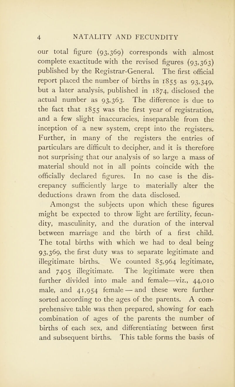 our total figure (93,369) corresponds with almost complete exactitude with the revised figures (93,363) published by the Registrar-General. The first official report placed the number of births in 1855 as 93,349, but a later analysis, published in 1874, disclosed the actual number as 93,363. The difference is due to the fact that 1855 was the first year of registration, and a few slight inaccuracies, inseparable from the inception of a new system, crept into the registers. Further, in many of the registers the entries of particulars are difficult to decipher, and it is therefore not surprising that our analysis of so large a mass of material should not in all points coincide with the officially declared figures. In no case is the dis- crepancy sufficiently large to materially alter the deductions drawn from the data disclosed. Amongst the subjects upon which these figures might be expected to throw light are fertility, fecun- dity, masculinity, and the duration of the interval between marriage and the birth of a first child. The total births with which we had to deal bein^ 93,369, the first duty was to separate legitimate and illegitimate births. We counted 85,964 legitimate, and 7405 illegitimate. The legitimate were then further divided into male and female—viz., 44,010 male, and 41,954 female — and these were further sorted according to the ages of the parents. A com- prehensive table was then prepared, showing for each combination of ages of the parents the number of births of each sex, and differentiating between first and subsequent births. This table forms the basis of