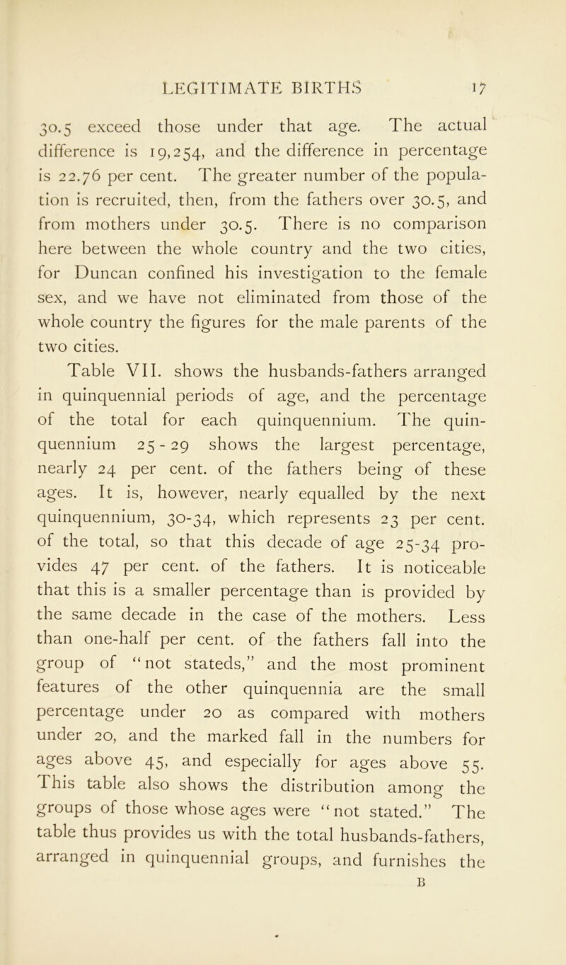 30.5 exceed those under that age. The actual difference is 19,254, and the difference in percentage is 22.76 per cent. The greater number of the popula- tion is recruited, then, from the fathers over 30.5, and from mothers under 30.5. There is no comparison here between the whole country and the two cities, for Duncan confined his investigation to the female sex, and we have not eliminated from those of the whole country the figures for the male parents of the two cities. Table VII. shows the husbands-fathers arranged in quinquennial periods of age, and the percentage of the total for each quinquennium. The quin- quennium 25 - 29 shows the largest percentage, nearly 24 per cent, of the fathers being of these ages. It is, however, nearly equalled by the next quinquennium, 30-34, which represents 23 per cent, of the total, so that this decade of age 25-34 pro- vides 47 per cent, of the fathers. It is noticeable that this is a smaller percentage than is provided by the same decade in the case of the mothers. Less than one-half per cent, of the fathers fall into the group of “not stateds,” and the most prominent features of the other quinquennia are the small percentage under 20 as compared with mothers under 20, and the marked fall in the numbers for ages above 45, and especially for ages above 55. This table also shows the distribution among the groups of those whose ages were “not stated.” The table thus provides us with the total husbands-fathers, arranged in quinquennial groups, and furnishes the