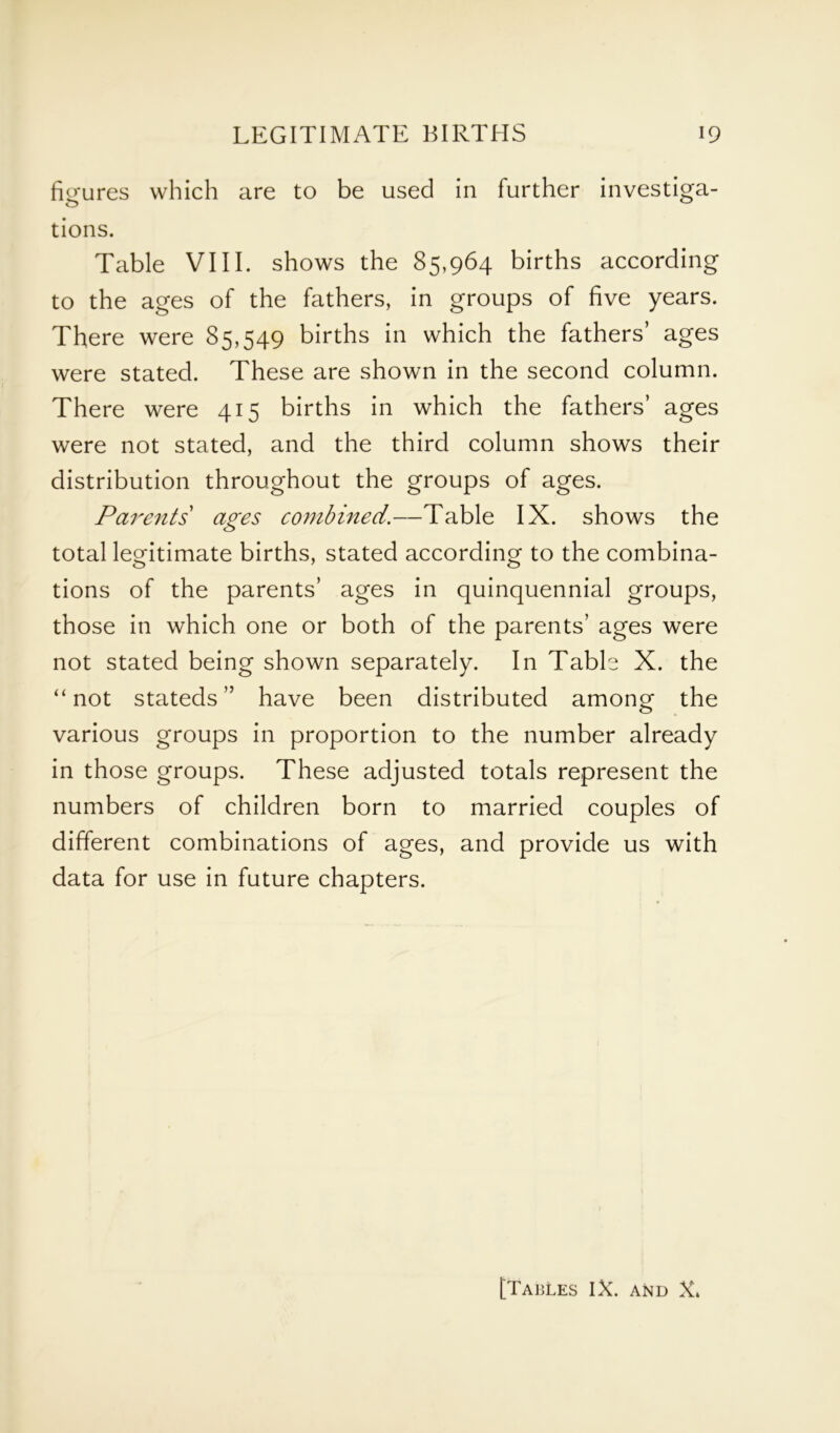 figures which are to be used in further investiga- tions. Table VIII. shows the 85,964 births according to the ages of the fathers, in groups of five years. There were 85,549 births in which the fathers’ ages were stated. These are shown in the second column. There were 415 births in which the fathers’ ages were not stated, and the third column shows their distribution throughout the groups of ages. Parents ages combined.—Table IX. shows the total legitimate births, stated according to the combina- tions of the parents’ ages in quinquennial groups, those in which one or both of the parents’ ages were not stated being shown separately. In Table X. the “not stateds ” have been distributed among the various groups in proportion to the number already in those groups. These adjusted totals represent the numbers of children born to married couples of different combinations of ages, and provide us with data for use in future chapters. [Tables IX. and X»