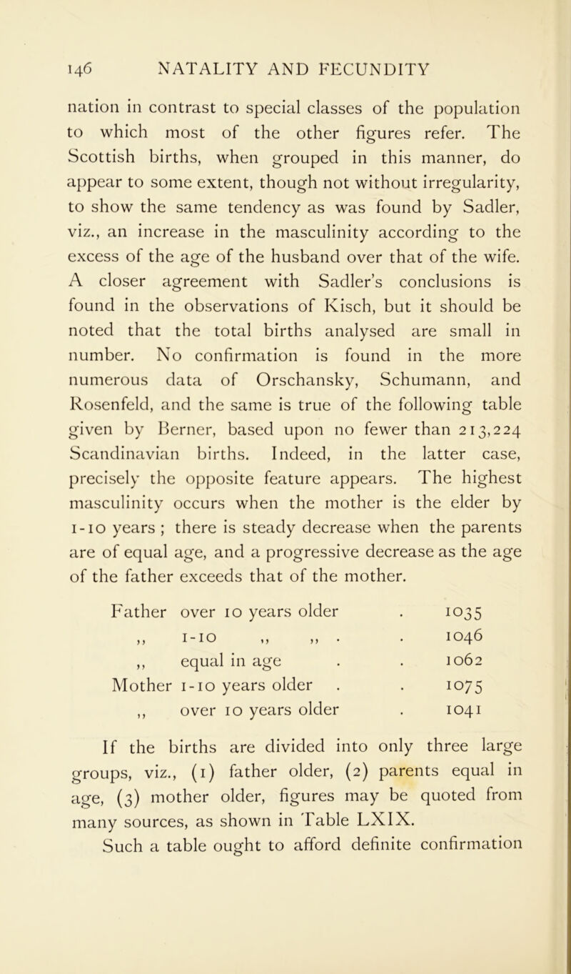 nation in contrast to special classes of the population to which most of the other figures refer. The Scottish births, when grouped in this manner, do appear to some extent, though not without irregularity, to show the same tendency as was found by Sadler, viz., an increase in the masculinity according to the excess of the age of the husband over that of the wife. A closer agreement with Sadler’s conclusions is found in the observations of Kisch, but it should be noted that the total births analysed are small in number. No confirmation is found in the more numerous data of Orschansky, Schumann, and Rosenfeld, and the same is true of the following table given by Berner, based upon no fewer than 213,224 Scandinavian births. Indeed, in the latter case, precisely the opposite feature appears. The highest masculinity occurs when the mother is the elder by 1-10 years ; there is steady decrease when the parents are of equal age, and a progressive decrease as the age of the father exceeds that of the mother. Father over 10 years older > > 1 -1 o ,, > > ,, equal in age Mother 1-10 years older ,, over 10 years older io35 1046 1062 io75 1041 If the births are divided into only three large groups, viz., (1) father older, (2) parents equal in age, (3) mother older, figures may be quoted from many sources, as shown in Table LX IX. Such a table ought to afford definite confirmation