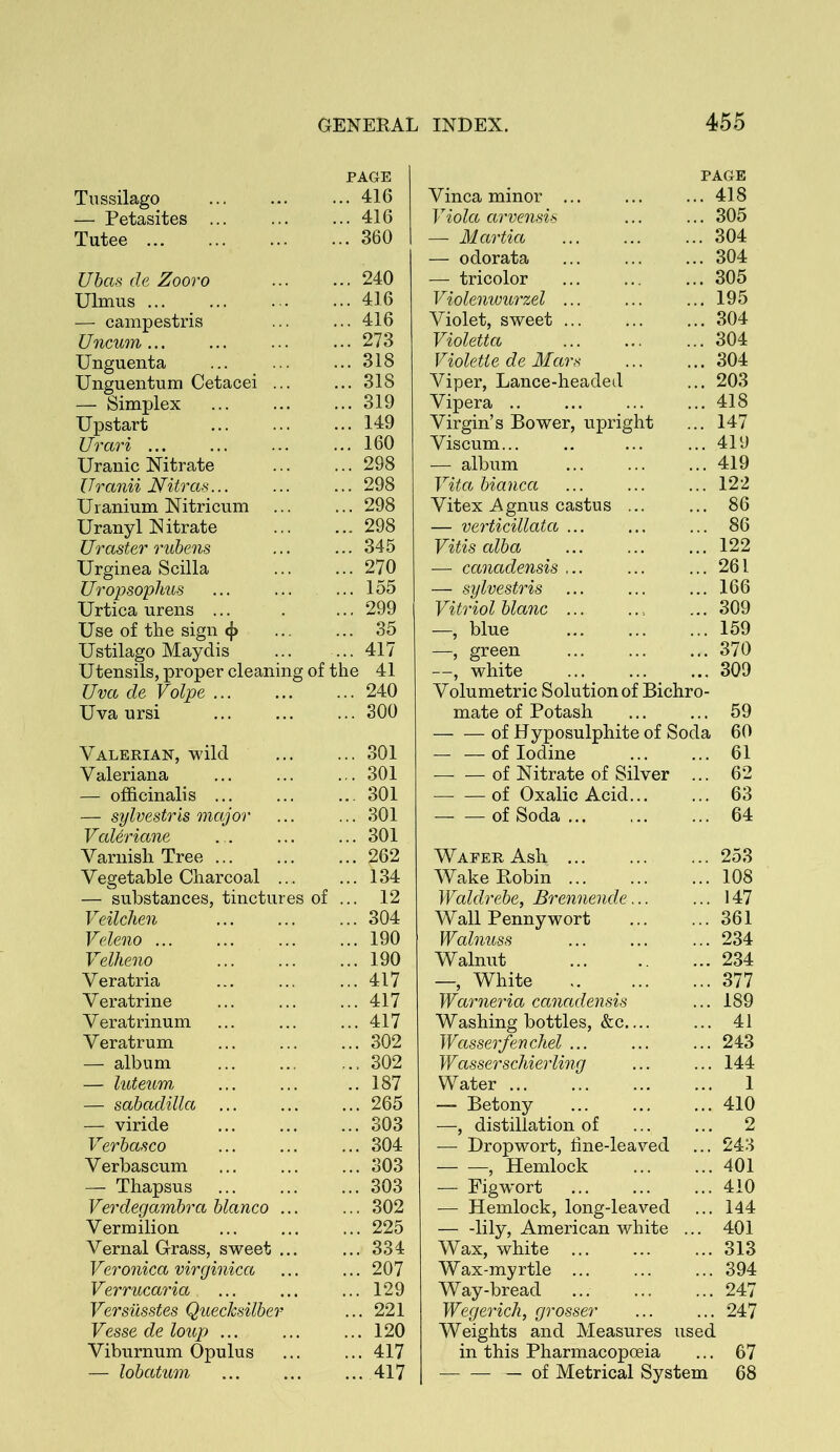 Tussilago PAGE .. 416 — Petasites ... .. 416 Tutee .. 360 Ubas de Zooro .. 240 Ulmus ... .. 416 — campestris .. 416 Uncum .. 273 Unguenta .. 318 Unguentum Cetacei ... ,.. 318 — Simplex ,.. 319 Upstart ... 149 Urari ... .. 160 Uranic Nitrate ... 298 1Jranii Nitras... ,.. 298 Uranium Nitricum ... 298 Uranyl Nitrate ... 298 Uraster ruhens ... 345 Urginea Scilla ... 270 Uropsophus ... 155 Urtica urens ... ... 299 Use of the sign cj> ... 35 Ustilago Maydis ... 417 Utensils, proper eleaning of the 41 Uva de Volpe ... ... 240 Uva ursi ... 300 Valerian, wild ... 301 Valeriana ... 301 — officinalis ... ... 301 — sylvestris major ... 301 Vcd&riane ... 301 Varnish Tree ... ... 262 Vegetable Charcoal ... ... 134 — substances, tinctures of ... 12 Veilchen ... 304 Veleno ... ... 190 Velheno ... 190 Veratria ... 417 Veratrine ... 417 Veratrinum ... 417 Veratrum ... 302 — album ... 302 — luteum .. 187 — sabadilla ... 265 — viride ... 303 Verbasco ... 304 Verbascum ... 303 — Thapsus ... 303 Verdegambra bianco ... ... 302 Vermilion ... 225 Vernal Grass, sweet ... ... 334 Veronica virginica ... 207 Verrucaria ... 129 Versusstes Qiiecksilber ... 221 Vesse de loup ... ... 120 Viburnum Opulus ... 417 — lobatwn ... 417 PAGE Vinca minor ... ... ... 418 Viola arvensis ... ... 305 — Martia ... ... ... 304 — odorata ... 304 — tricolor ... ... ... 305 Violenwurzel ... ... ... 195 Violet, sweet ... ... ... 304 Violetta ... 304 Violette de Mar^ ... ... 304 Viper, Lance-headed ... 203 Vipera ... 418 Virgin’s Bower, upright ... 147 Viscum... ., ... ... 419 — album ... 419 Vita hianca ... ... ... 122 Vitex Agnus castus ... ... 86 — verticillata ... ... ... 86 Vitis alba ... ... ... 122 — canadensis ... ... ... 261 — sylvestris ... ... ... 166 Vitriol blanc ... 309 —, blue ... ... ... 159 —, green ... 370 —, white ... ... ... 309 Volumetric Solution of Bichro- mate of Potash 59 of Hyposulphite of Soda 60 — — of Iodine 61 of Nitrate of Silver ... 62 of Oxalic Acid 63 of Soda ... 64 Waper Ash 253 Wake Robin ... ... ... 108 Waldrehe, Brennende... ... 147 Wall Pennywort ... ... 361 Walnuss ... 234 Walnut 234 —, White 377 Warneria canadensis ... 189 Washing bottles, &c.... ... 41 Wasserfenchel 243 Wasserschierling ... ... 144 Water ... ... ... ... 1 — Betony ... 410 —, distillation of ... ... 2 — Dropwort, line-leaved ... 243 , Hemlock ... ... 401 — Figwort ... 410 — Hemlock, long-leaved ... 144 — -lily, American white ... 401 Wax, white ... 313 Wax-myrtle ... 394 Way-bread 247 Wegerich, grosser ... ... 247 Weights and Measures used in this Pharmacopoeia ... 67 — of Metrical System 68