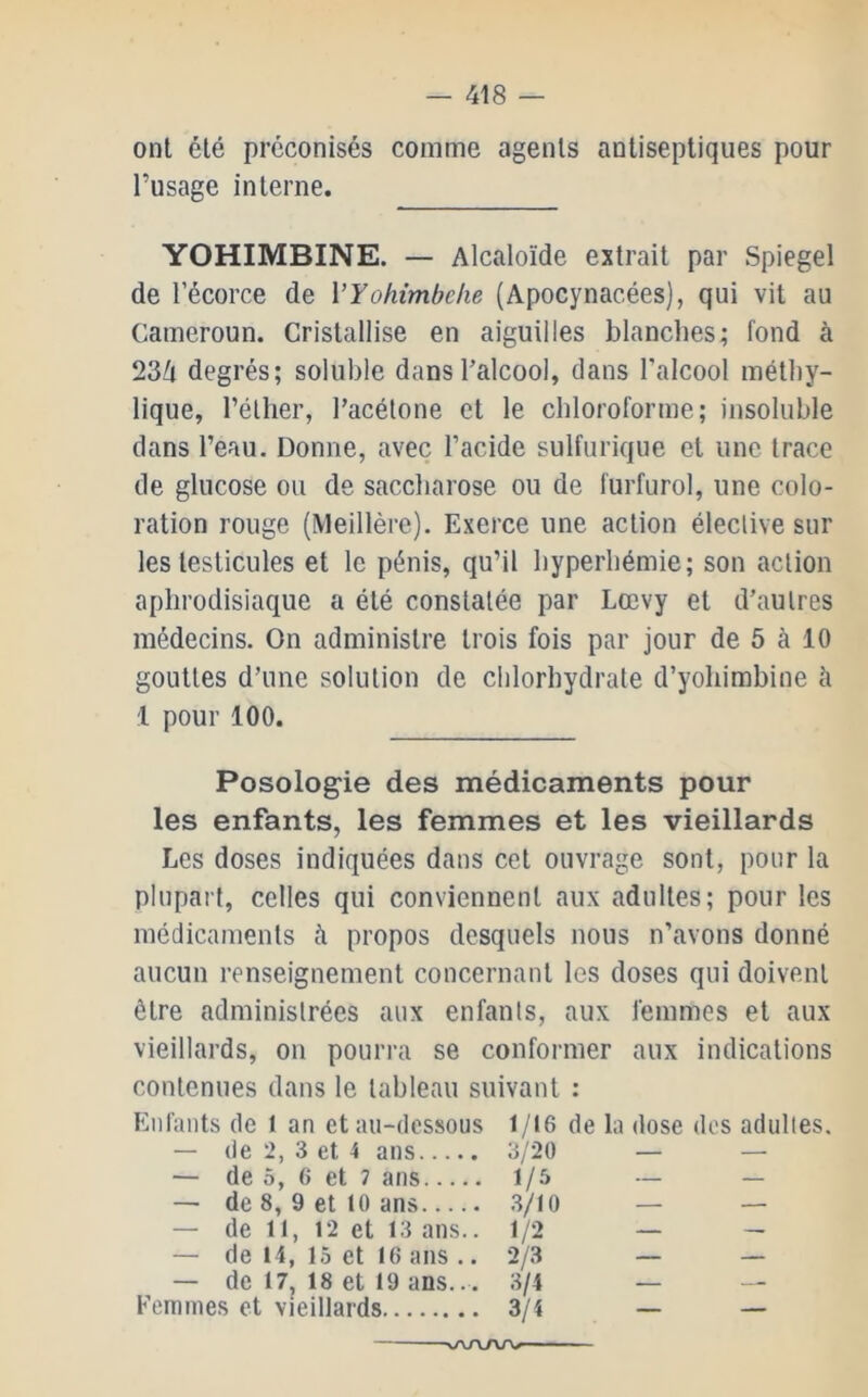 ont été préconisés comme agents antiseptiques pour l’usage interne. YOHIMBINE. — Alcaloïde extrait par Spiegel de l’écorce de VYohimbche (Apocynacées), qui vit au Cameroun. Cristallise en aiguilles blanches; fond à 234 degrés; soluble dans l’alcool, dans l’alcool métliy- lique, l’éllier, l’acétone et le chloroforme; insoluble dans l’eau. Donne, avec l’acide sulfurique et une trace de glucose ou de saccharose ou de furfurol, une colo- ration rouge (Meillère). Exerce une action élective sur les testicules et le pénis, qu’il hyperhémie; son action aphrodisiaque a été constatée par Lœvy et d’autres médecins. On administre trois fois par jour de 5 à 10 gouttes d’une solution de chlorhydrate d’yohimbine ii 1 pour 100. Posologie des médicaments pour les enfants, les femmes et les vieillards Les doses indiquées dans cet ouvrage sont, pour la plupart, celles qui conviennent aux adultes; pour les médicaments ii propos desquels nous n’avons donné aucun renseignement concernant les doses qui doivent être administrées aux enfants, aux femmes et aux vieillards, on pourra se conformer aux indications contenues dans le tableau suivant : Enfants de 1 an et au-dessous 1/16 de la dose dos adultes. — de 2, 3 et 4 ans 3/20 — — — de 5, 6 et 7 ans 1/6 — — — des, 9 et 10 ans 3/10 — — — de 11, 12 et 13 ans.. 1/2 — — — de 14, 15 et 16 ans.. 2/3 — — — de 17, 18 et 19 ans... 3/4 — Femmes et vieillards 3/4 — — ■xA/VAA^