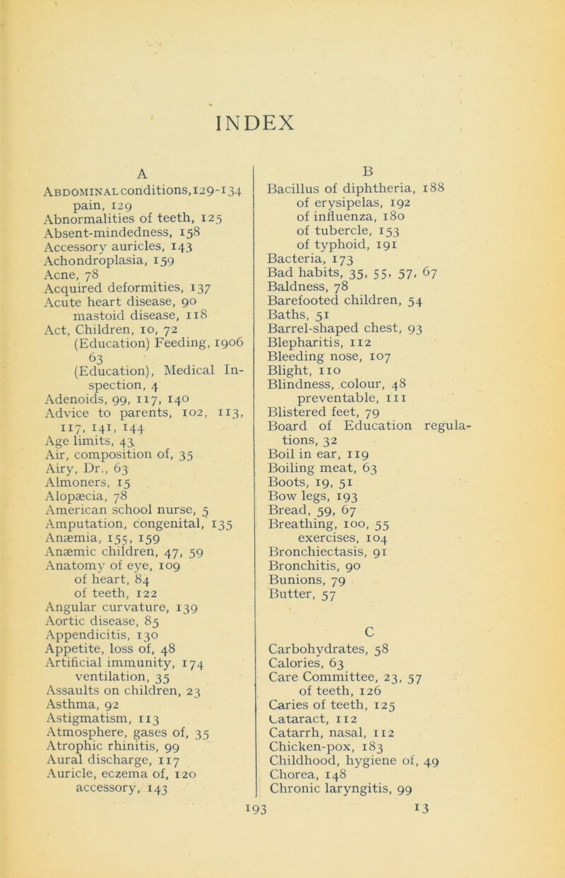 INDEX A Abdominal conditions, 129-134 pain, 129 Abnormalities of teeth, 125 Absent-mindedness, 158 Accessory auricles, 143 Achondroplasia, 159 Acne, 78 Acquired deformities, 137 Acute heart disease, 90 mastoid disease, 118 Act, Children, 10, 72 (Education) Feeding, 1906 63 (Education), Medical In- spection, 4 Adenoids, 99, 117, 140 Advice to parents, 102, 113, 117, 141, 144 Age limits, 43. Air, composition of, 35 Airy, Dr., 63 Almoners, 15 Alopaecia, 78 American school nurse, 3 Amputation, congenital, 135 Anaemia, 155, 159 Anaemic children, 47, 59 Anatomy of eye, 109 of heart, 84 of teeth, 122 Angular curvature, 139 Aortic disease, 85 Appendicitis, 130 Appetite, loss of, 48 Artificial immunity, 174 ventilation, 35 Assaults on children, 23 Asthma, 92 Astigmatism, 113 Atmosphere, gases of, 35 Atrophic rhinitis, 99 Aural discharge, 117 Auricle, eczema of, 120 accessory, 143 B Bacillus of diphtheria, 188 of erysipelas, 192 of influenza, 180 of tubercle, 153 of typhoid, 191 Bacteria, 173 Bad habits, 35, 55, 57, 67 Baldness, 78 Barefooted children, 54 Baths, 51 Barrel-shaped chest, 93 Blepharitis, 112 Bleeding nose, 107 Blight, no Blindness, colour, 48 preventable, in Blistered feet, 79 Board of Education regula^ tions, 32 Boil in ear, 119 Boiling meat, 63 Boots, 19, 51 Bow legs, 193 Bread, 59, 67 Breathing, 100, 55 exercises, 104 Bronchiectasis, 91 Bronchitis, 90 Bunions, 79 Butter, 57 C Carbohydrates, 58 Calories, 63 Care Committee, 23, 57 of teeth, 126 Caries of teeth, 125 Cataract, 112 Catarrh, nasal, 112 Chicken-pox, 183 Childhood, hygiene of, 49 Chorea, 148 Chronic laryngitis, 99