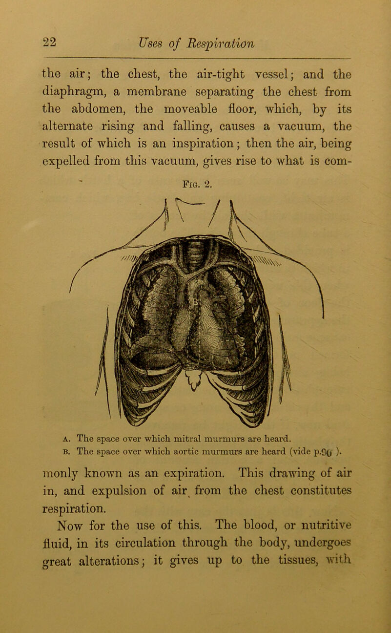 the air; the chest, the air-tight vessel; and the diaphragm, a membrane separating the chest from the abdomen, the moveable floor, which, by its alternate rising and falling, causes a vacuum, the result of which is an inspiration; then the air, being expelled from this vacuum, gives rise to what is com- A. The space over which mitral murmurs are heard. B. The space over which aortic murmurs are heard (vide p.ffy ). monly known as an expiration. This drawing of air in, and expulsion of air from the chest constitutes respiration. Now for the use of this. The blood, or nutritive fluid, in its circulation through the body, undergoes great alterations; it gives up to the tissues, with Fig. 2.