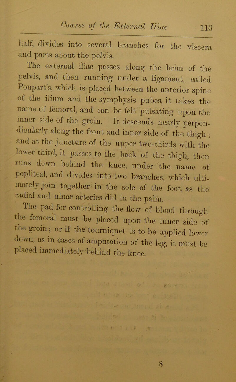 half, divides into several branches for the viscera and parts about the pelvis. The external iliac passes along the brim of the pelvis, and then running under a ligament, called Pouparts, which is placed between the anterior spine of the ilium and the symphysis pubes, it takes the name of femoral, and can be felt pulsating upon the innei side of the groin. It descends nearly perpen- dicularly along the front and inner side of the thigh ; and at the juncture of the upper two-thirds with the lower third, it passes to the back of the thigh, then ™ns down behind the knee, under^the name of popliteal, and divides into two branches, which ulti- mately join together in the sole of the foot, as the radial and ulnar arteries did in the palm. The pad for controlling the flow of blood through the femoral must be placed upon the inner side &of the groin ; or if the tourniquet is to be applied lower down, as m cases of amputation of the leg, it must be placed immediately behind the knee. 8