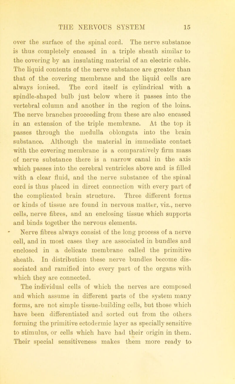 over the surface of the spinal cord. The nerve substance is thus completely encased in a triple sheath similar to the covering by an insulating material of an electric cable. The liquid contents of the nerve substance are greater than that of the covering membrane and the liquid cells are always ionised. The cord itself is cylindrical with a spindle-shaped bulb just below where it passes into the vertebral column and another in the region of the loins. The nerve branches proceeding from these are also encased in an extension of the triple membrane. At the top it passes through the medulla oblongata into the brain substance. Although the material in immediate contact with the covering membrane is a comparatively firm mass of nerve substance there is a narrow canal in the axis which passes into the cerebral ventricles above and is filled with a clear fluid, and the nerve substance of the spinal cord is thus placed in direct connection with every part of the complicated brain structure. Three different forms or kinds of tissue are found in nervous matter, viz., nerve cells, nerve fibres, and an enclosing tissue which supports and binds together the nervous elements. Nerve fibres always consist of the long process of a nerve cell, and in most cases they are associated in bundles and enclosed in a delicate membrane called the primitive sheath. In distribution these nerve bundles become dis- sociated and ramified into every part of the organs with which they are connected. The individual cells of which the nerves are composed and which assume in different parts of the system many forms, are not simple tissue-building cells, but those which have been differentiated and sorted out from the others forming the primitive ectodermic layer as specially sensitive to stimulus, or cells which have had their origin in them. Their special sensitiveness makes them more ready to