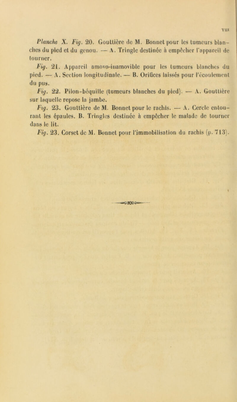 Planche X. Fig. 20. Gouttière de M. Bonnet pour les tumeurs blan- ches du pied et du genou. — A. Tringle destinée à empêcher l’appareil de tourner. Fig. 21. Appareil amovo-inamovible pour les tumeurs blanches du pied. — A. Section longitudinale. — B. Orifices laissés pour l’écoulement du pus. Fig. 22. Pilon-béquille (tumeurs blanches du pied). — A. Gouttière sur laquelle repose la jambe. Fig. 23. Gouttière de M. Bonnet pour le rachis. — A. Cercle entou- rant les épaules. B. Tringles destinée h empêcher le malade de tourner dans le lit. Fig. 23. Corset de M. Bonnet pour l’immobilisation du rachis (p. 713). »