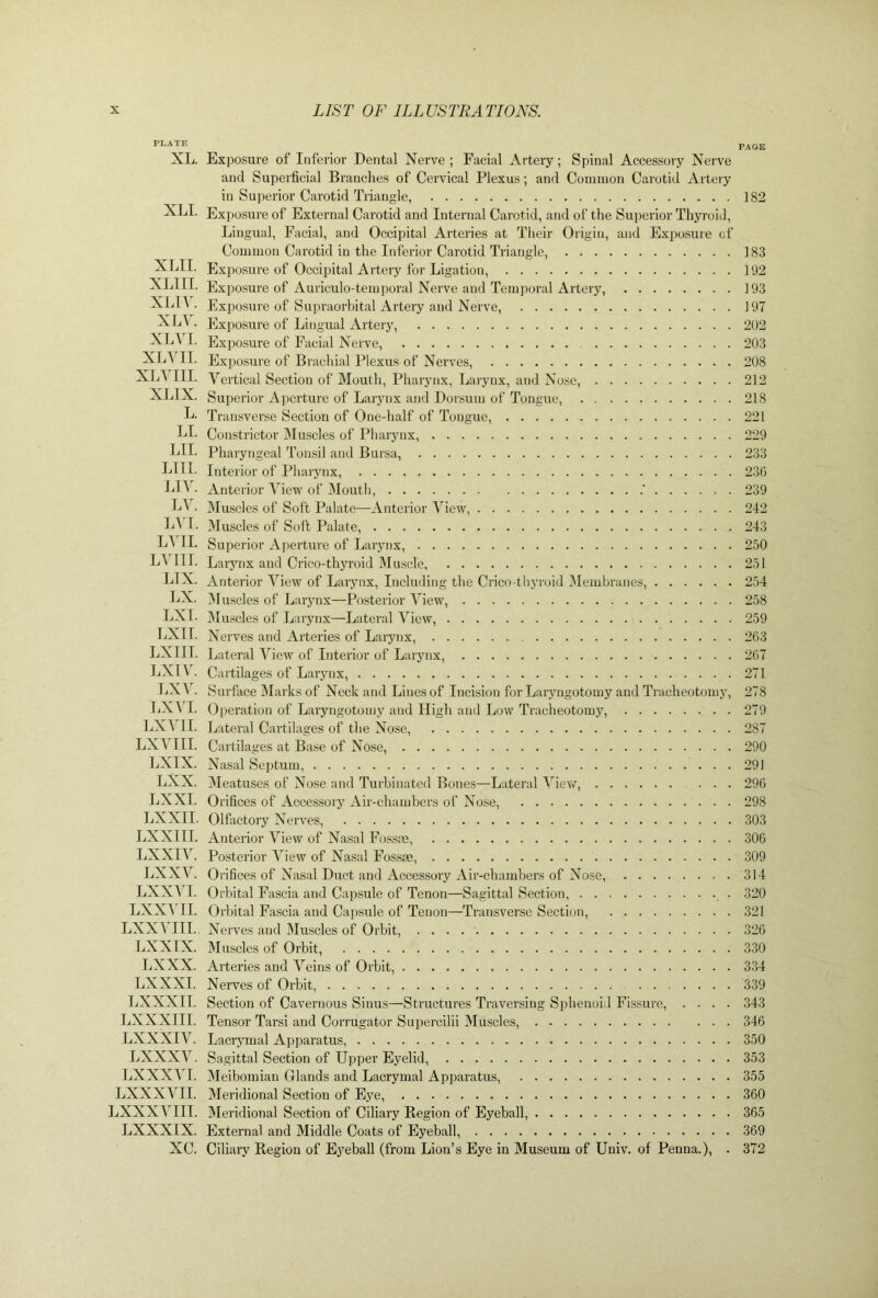 PLATE page XL. Exposure of Inferior Dental Nerve; Facial Artery; Spinal Accessory Nerve and Superficial Branches of Cervical Plexus; and Common Carotid Arteiy in Superior Carotid Triangle, 182 XLI. Exposure of External Cai’otid and Internal Carotid, and of the Superior Thyroid, Lingual, Facial, and Occipital Arteries at Tlieir Origin, and Exposure of Common Carotid in the Inferior Carotid Triangle, 183 XLII. Exposure of Occipital Artery for Ligation, PJ2 XLIII. Exposure of Auriculo-temporal Nerve and Temporal Artery, 193 ^El\ . Exposure of Sui)raorbital Artery and Nerve, 197 • Exposure of Lingual Artery, 202 XIA I. Exposure of Facial Nerve, 203 XL\ II. Exposure of Brachial Plexus of Nerves, 208 XIA III. Vertical Section of Mouth, Pharynx, Larynx, and Nose, 212 XLIX. Superior Aperture of Larynx and Dorsum of Tongue, 218 L. Transverse Section of One-half of Tongue, 221 LI. Constrictor Muscles of Pharynx, 229 LII. Pharyngeal Tonsil and Bursa, 233 LI II. Interior of Pharynx, 236 Ll^h Anterior View of Mouth, 239 LV. Muscles of Soft Palate—Anterior View, 242 lA I. Muscles of Soft Palate, 243 LA II. Superior A]ierture of Larynx, . 250 LYIII. Lary nx and Crico-thyroid Muscle, 251 LIX. Anterior A^iew of Larynx, Including the Crico thyroid Alembranes, 254 LX. Muscles of Larynx—Posterior A^iew, 258 LXI. IMmscles of Larynx—Lateral View, 259 LXII. Nerves and Arteries of Larynx, 263 LXIII. Lateral ATew of Interior of Larynx, 267 LXIV. Cartilages of Larjmx, 271 LXA^. Surface Marks of Neck and Lines of Incision for Laryngotomy and Tracheotoni}’, 278 LXA I. Operation of Laryngotomy and High and Low Tracheotomy, 279 LXA'II. Lateral Cartilages of the Nose, 287 LXAHII. Cartilages at Base of Nose, 290 LXIX. Nasal Septum, 291 LXX. Meatuses of No.se and Turbinated Bones—Lateral A^iew, 296 LXXI. Orifices of Accessory Air-chambers of Nose, 298 LXXII. Olfactory Nerves, 303 LXXIII. Anterior A^iew of Nasal Fossre, 306 LXXIA^. Posterior A^iew of Nasal Fossae, 309 LXXV. Orifices of Nasal Duct and Accessory Air-chambers of Nose, 314 LXXA I. Orbital Fascia and Capsule of Tenon—Sagittal Section, 320 LXXA II. Orbital Fascia and Capsule of Tenon—Transverse Section, 321 LXXA'III.. Nerves and Muscles of Orbit, 326 LXXIX. Muscles of Orbit, 330 LXXX. Artei’ies and A^eins of Orbit, 334 LXXXI. Nerves of Orbit, 339 LXXXII. Section of Cavernous Sinus—Structures Traversing Sphenoid Fi.ssure, .... 343 LXXXIII. Tensor Tarsi and Corrugator Supercilii Muscles, 346 LXXXIA^. Lacrymal Ai^paratus, 350 LXXXA'^. Sagittal Section of Upper Eyelid, 353 LXXXA'I. IMeibomian Glands and Lacrymal Apparatus, 355 LXXXAHI. Meridional Section of Eye, 360 LXXXA^III. Meridional Section of Ciliary Region of Eyeball, 365 LXXXIX. External and Middle Coats of Eyeball, 369 XC. Ciliary Region of Eyeball (from Lion’s Eye in Museum of Univ. of Penna.), . 372
