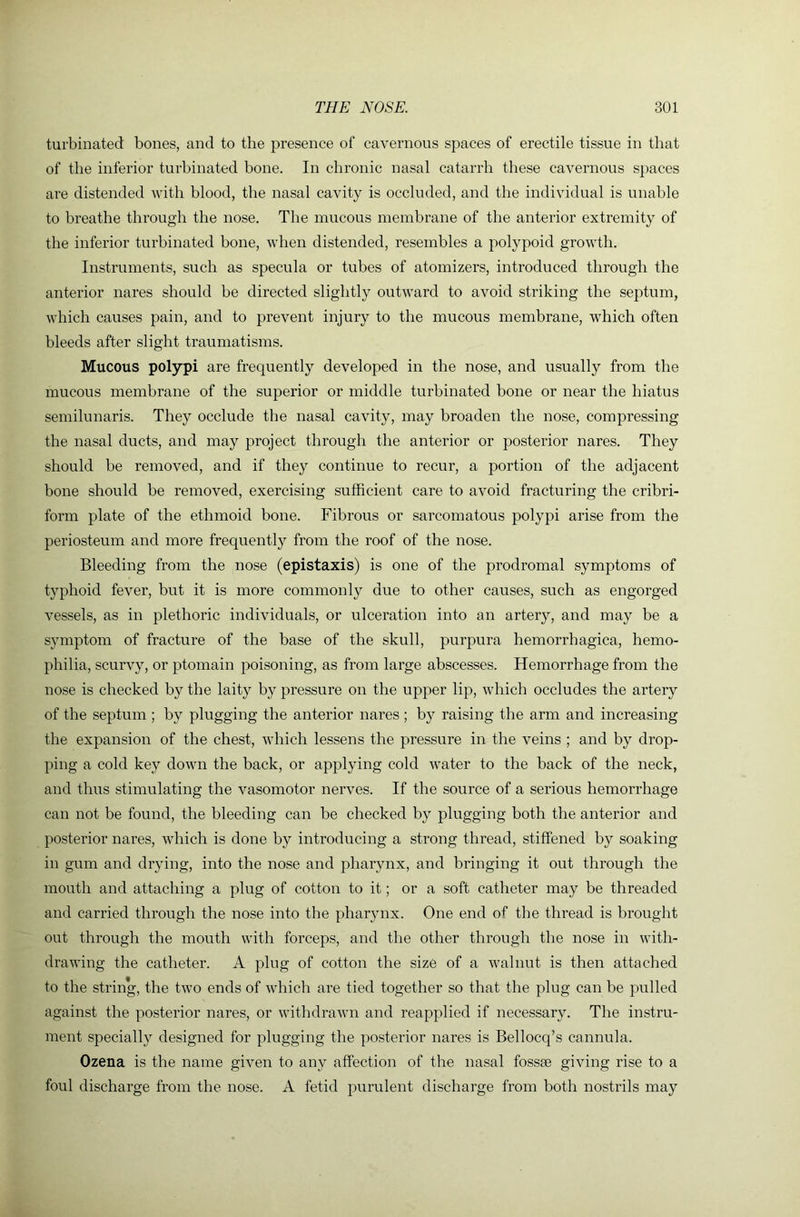 turbinated bones, and to the presence of cavernous spaces of erectile tissue in that of the inferior turbinated bone. In chronic nasal catarrh these cavernous spaces are distended with blood, the nasal cavity is occluded, and the individual is unable to breathe through the nose. The mucous membrane of the anterior extremity of the inferior turbinated bone, when distended, resembles a polypoid growth. Instruments, such as specula or tubes of atomizers, introduced through the anterior nares should be directed slightly outward to avoid striking the septum, which causes pain, and to prevent injury to the mucous membrane, which often bleeds after slight traumatisms. Mucous polypi are frequently developed in the nose, and usually from the mucous membrane of the superior or middle turbinated bone or near the hiatus semilunaris. They occlude the nasal cavity, may broaden the nose, compressing the nasal ducts, and may project through the anterior or posterior nares. They should be removed, and if they continue to recur, a portion of the adjacent bone should be removed, exercising sufficient care to avoid fracturing the cribri- form plate of the ethmoid bone. Fibrous or sarcomatous polypi arise from the periosteum and more frequently from the roof of the nose. Bleeding from the nose (epistaxis) is one of the prodromal symptoms of typhoid fever, but it is more commonly due to other causes, such as engorged vessels, as in plethoric individuals, or ulceration into an artery, and may be a symptom of fracture of the base of the skull, purpura hemorrhagica, hemo- philia, scurvy, or ptomain poisoning, as from large abscesses. Hemorrhage from the nose is checked by the laity by pressure on the upper lip, which occludes the artery of the septum ; by plugging the anterior nares; by raising the arm and increasing the expansion of the chest, which lessens the pressure in the veins ; and by drop- ping a cold key down the back, or applying cold water to the back of the neck, and thus stimulating the vasomotor nerves. If the source of a serious hemorrhage can not be found, the bleeding can be checked by plugging both the anterior and posterior nares, which is done by introducing a strong thread, stiffened by soaking in gum and drying, into the nose and pharynx, and bringing it out through the mouth and attaching a plug of cotton to it; or a soft catheter may be threaded and carried through the nose into the pharynx. One end of the thread is brought out through the mouth with forceps, and the other through the nose in with- drawing the catheter. A plug of cotton the size of a walnut is then attached to the string, the two ends of which are tied together so that the plug can be pulled against the posterior nares, or withdrawn and reapplied if necessary. The instru- ment speciallj'' designed for plugging the posterior nares is Bellocq’s cannula. Ozena is the name given to any affection of the nasal fossse giving rise to a foul discharge from the nose. A fetid purulent discharge from both nostrils may