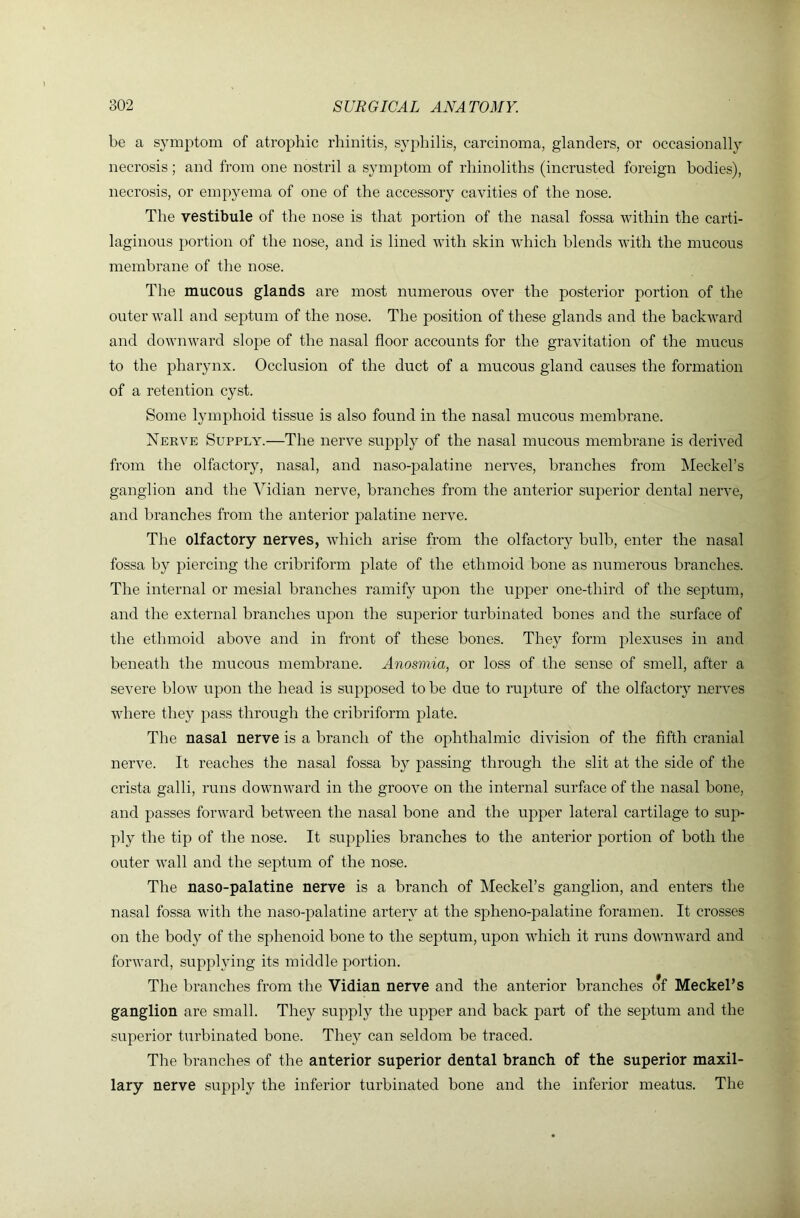 be a symptom of atrophic rhinitis, syphilis, carcinoma, glanders, or occasionally necrosis; and from one nostril a symptom of rhinoliths (incrusted foreign bodies), necrosis, or empyema of one of the accessory cavities of the nose. The vestibule of the nose is that portion of the nasal fossa within the carti- laginous portion of the nose, and is lined with skin which blends with the mucous membrane of the nose. The mucous glands are most numerous over the posterior portion of the outer wall and septum of the nose. The position of these glands and the backward and downward slope of the nasal floor accounts for the gravitation of the mucus to the pharynx. Occlusion of the duct of a mucous gland causes the formation of a retention cyst. Some lymphoid tissue is also found in the nasal mucous membrane. Nerve Supply.—The nerve supply of the nasal mucous membrane is derived from the olfactory, nasal, and naso-palatine nerves, branches from Meckel’s ganglion and the Vidian nerve, branches from the anterior superior dental nerve, and branches from the anterior palatine nerve. The olfactory nerves, which arise from the olfactory bulb, enter the nasal fossa by piercing the cribriform plate of the ethmoid bone as numerous branches. The internal or mesial branches ramify upon the upper one-third of the septum, and the external branches upon the superior turbinated bones and the surface of the ethmoid above and in front of these bones. They form plexuses in and beneath the mucous membrane. Anosmia, or loss of the sense of smell, after a severe blow upon the head is supposed to be due to rupture of the olfactory nerves where they pass through the cribriform plate. The nasal nerve is a branch of the ophthalmic division of the fifth cranial nerve. It reaches the nasal fossa by jDassing through the slit at the side of the crista galli, runs downward in the groove on the internal surface of the nasal bone, and passes forward between the nasal bone and the upper lateral cartilage to suj> ply the tip of the nose. It supplies branches to the anterior i^ortion of both the outer wall and the septum of the nose. The naso-palatine nerve is a branch of Meckel’s ganglion, and enters the nasal fossa with the naso-palatine artery at the spheno-palatine foramen. It crosses on the body of the sphenoid bone to the septum, upon which it runs downward and forward, supplying its middle portion. The branches from the Vidian nerve and the anterior branches of Meckel’s ganglion are small. They supply the upper and back part of the septum and the superior turbinated bone. They can seldom be traced. The branches of the anterior superior dental branch of the superior maxil- lary nerve supply the inferior turbinated bone and the inferior meatus. The