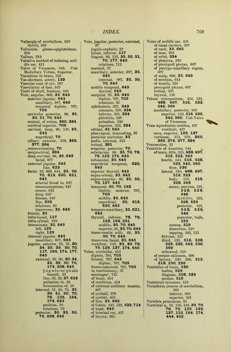 Vallecula of cerebellum, 558 Sylvii, 470 Vallecul®, glosso-epiglottidean, 216 Vallum, 219 Valsalva method of inflating mid- dle ear, 411 Valve of Vieussens,' 543. Vide Medullary Velum, Superior. Variations in brain, 510 Vas aberrans, artery, 133 Vascular coat of eye, 367 Vascularity of face, 647 Vault of skull, fracture, 585 Vein, angular, 606, 35, 645 anterior jugular, 645 maxillary, 687, 645 temporal diploic, 707, 705 auricular posterior, 96, 35, 50, 51, 70, 645 central, of retina, 360, 384 cerebral superior, 709 cervical, deep, 96, 147, 35, 645 superficial, 70 ciliary, anterior, 379, 369, 377, 384 ^communicating, 70 conjunctival, 384 deep cervical, 96, 35, 645 facial, 687 external jugular, 645 line, 623 facial, 93, 606, 644, 35, 50, 70, 613, 620, 621, 645 arterial blood in, 647 communications, 647 course, 647 deep, 647 disease, 647 line, 623 relations, 93 transverse, 35, 645 frontal, 35 infra-hyoid, 117 infra-orbital, 676 innominate, 35, 645 left, 129 right, 129 internal jugular, 645 maxillary, 687, 645 jugular, anterior, 23, 37, 30, 34, 35, 39, 50, 70, 117, 164, 174, 177, 645 external, 32, 60, 30, 34, 35, 39, 50, 70, 174, 208, 645 j ug ulo-ce phalic branch, 23 line, 23, 32,27,6 2 3 pulsation in, 32 termination of, 18 internal, 61, 62, 73, 35, 39, 41, 50, 70, 78, 129, 164, 174, 645 position, 18 relations, 73 posterior, 30, 35, 50, 70, 208, 645 Vein, jugular, posterior, external, 37 jugulo-cephalic, 23 labial, inferior, 117 lingual, 92, 112, 35, 50, 51, 70, 177, 645 relations, 112 mastoid, 37 maxillary, anterior, 687, 35, 645 internal, 687, 35, 50, 70, 645 middle temporal, 645 thyroid, 645 occipital, 95, 35, 645 diploic, 707, 7 05 relations, 95 ophthalmic, 337, 343 common, 338, 334 inferior, 338, 334 phlebitis, 338 pulsation, 338 superior, 338, 334 orbital, 35, 645 pharyngeal, descending, 97 posterior auricular, 35 pudic, internal, 615 retinal, 381 scapular, posterior, 70 subclavian, 60, 35, 70, 78, 79, 129, 174, 645 submental, 35, 645 superficial temporal, 620, 645 superior thyroid, 645 supra-orbital, 35, 645 supra-scapular, 60, 35, 50, 70, 167, 645 temporal, 50, 70, 193 diploic, anterior, 707, 705 middle, 35, 645 superficial, 35, 613, 620, 645 temporo-maxillary, 35, 621, 645 thyroid, inferior, 78, 79, 123, 164, 251 middle, 35, 70, 645 superior, 91, 35,70, 645 transversalis colli, 60, 35, 50, 70, 645 transverse facial, 35, 645 vertebral, 143, 35, 39, 78, 79, 129, 137, 174, 645 Veins, cerebellar, 454 diploic, 704, 7 05 frontal, 707, 645 diploic, 707, 705 fronto-sphenoid, 707, 705 in tracheotomy, 37 meningea’, 735 of brain, 454 of cerebrum, 454 of external auditory meatus, 407 of eyeball, 379 of eyelids, 655 of face, 35, 645 of Galen, 442, 532, 533, 714 of head, 645 of internal ear, .437 of larynx, 265 Veins of middle ear, 425 of nasal cavities, 307 of neck, 35, 645 of nose, 285 of orbit, 334 of pharynx, 238 of pterygoid plexus, 687 of pterygo-maxillary region, 687 of scalp, 606, 35, 645 of scrotum, 644 of tonsils, 225 pterygoid plexus, 687 retinal, 385 thyroid, 126 Velum interpositum, 454, 531, 488, 497, 516, 533, 546, 569 medullary, posterior, 562 superior, 543, 516, 536, 542, 560. Fide Valve of Vieussens. Vena aqueductus cochlea, 437 vestibuli, 437 cava, superior, 129, 137 vorticosa, 374, 379, 3 6 0, 369, 376, 377, 384 Venesection, 32 Ventricle of A ran tins, 544 of brain, fifth, 525, 488,497, 516, 523, 565 fourth, 544, 5 16, 5 2 8, 529, 542, 560 floor, 536 lateral, 518, 488, 497, 516, 523 body, 518, 519, 528, 569 cornu, anterior, 521, 5 2 8, 5 2 9, 546 middle, 521, 528, 529 posterior, 521, 528, 529, 546 posterior, bulb, 529 cornua, 519 dissection, 518 tapping, 442, 511 Sylvian, 525 third, 532, 516, 52 8, 529, 536, 542, 556, 569 trihorned, 518 of corpus callosum, 496 of larynx, 248, 266, 212, 218, 250, 296 Ventricles of brain, 536 bodies, 529 diagram, 528, 529 section, 516 Ventriculi tricornes, 518 Vermiform process of cerebellum, 561 inferior, 562 superior, 561 Vertebra prominens, 25 Vertebral a., 61, 136, 449, 39, 70, 78, 79, 129, 133, 137, 152, 164, 174, 444, 452