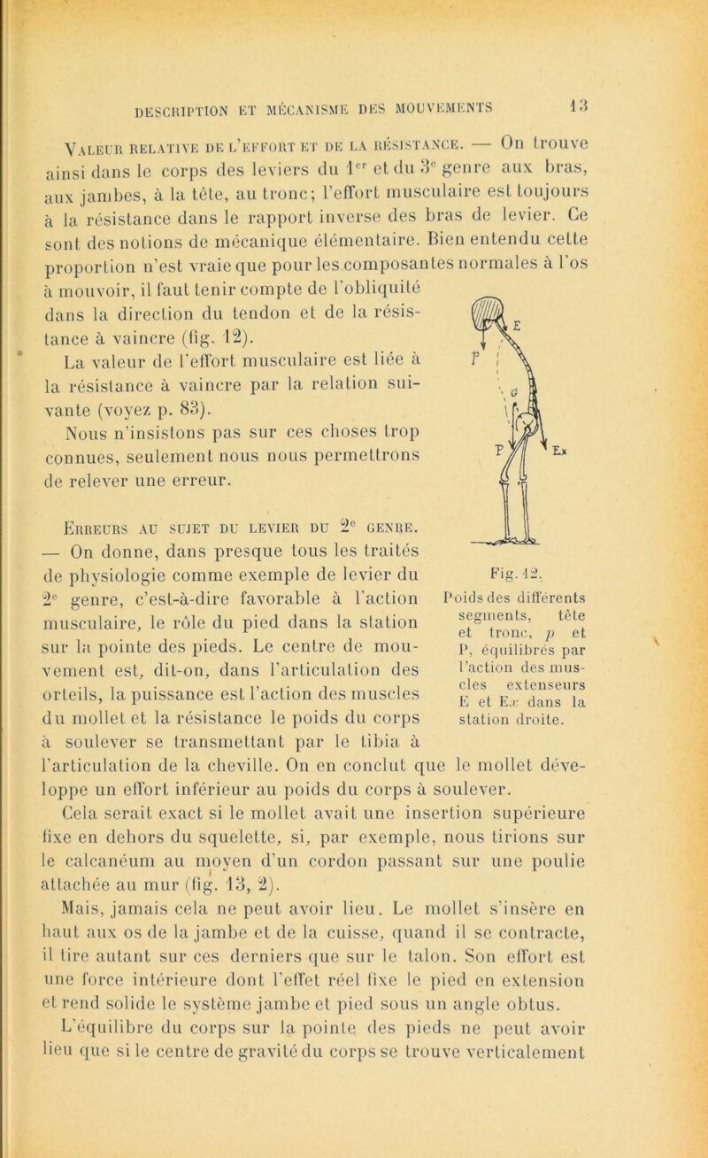 Valeur relative de l’effort et de la résistance. — On trouve ainsi dans le corps des leviers du 1er et du 3e genre aux bras, aux jambes, à la tête, au tronc; l’effort musculaire est toujours à la résistance dans le rapport inverse des bras de levier. Ce sont des notions de mécanique élémentaire. Bien entendu cette proportion n’est vraie que pour les composantes normales à l'os à mouvoir, il faut tenir compte de l'obliquité dans la direction du tendon et de la résis- tance à vaincre (fig. 12). La valeur de l'effort musculaire est liée à la résistance à vaincre par la relation sui- vante (voyez p. 83). Nous n'insistons pas sur ces choses trop connues, seulement nous nous permettrons de relever une erreur. Erreurs au sujet du levier du 2e genre. — On donne, dans presque tous les traités de physiologie comme exemple de levier du 2° genre, c’est-à-dire favorable à l’action musculaire, le rôle du pied dans 1a. station sur la pointe des pieds. Le centre de mou- vement est, dit-on, dans l’articulation des orteils, la puissance est l’action des muscles du mollet et la résistance le poids du corps à soulever se transmettant par le tibia à l’articulation de la cheville. On en conclut que le mollet déve- loppe un effort inférieur au poids du corps à soulever. Cela serait exact si le mollet avait une insertion supérieure fixe en dehors du squelette, si, par exemple, nous tirions sui- te calcanéum au moyen d'un cordon passant sur une poulie attachée au mur (fig. 13, 2). Mais, jamais cela ne peut avoir lieu. Le mollet s'insère en haut aux os de la jambe et de la cuisse, quand il se contracte, il tire autant sur ces derniers que sur le talon. Son effort est une force intérieure dont l’effet réel fixe le pied en extension et rend solide le système jambe et pied sous un angle obtus. L’équilibre du corps sur la pointe des pieds ne peut avoir lieu que si le centre de gravité du corps se trouve verticalement Fig.42, Poids des différents segments, tête et tronc, p et P, équilibrés par l’action des mus- cles extenseurs E et E.r dans la station droite.