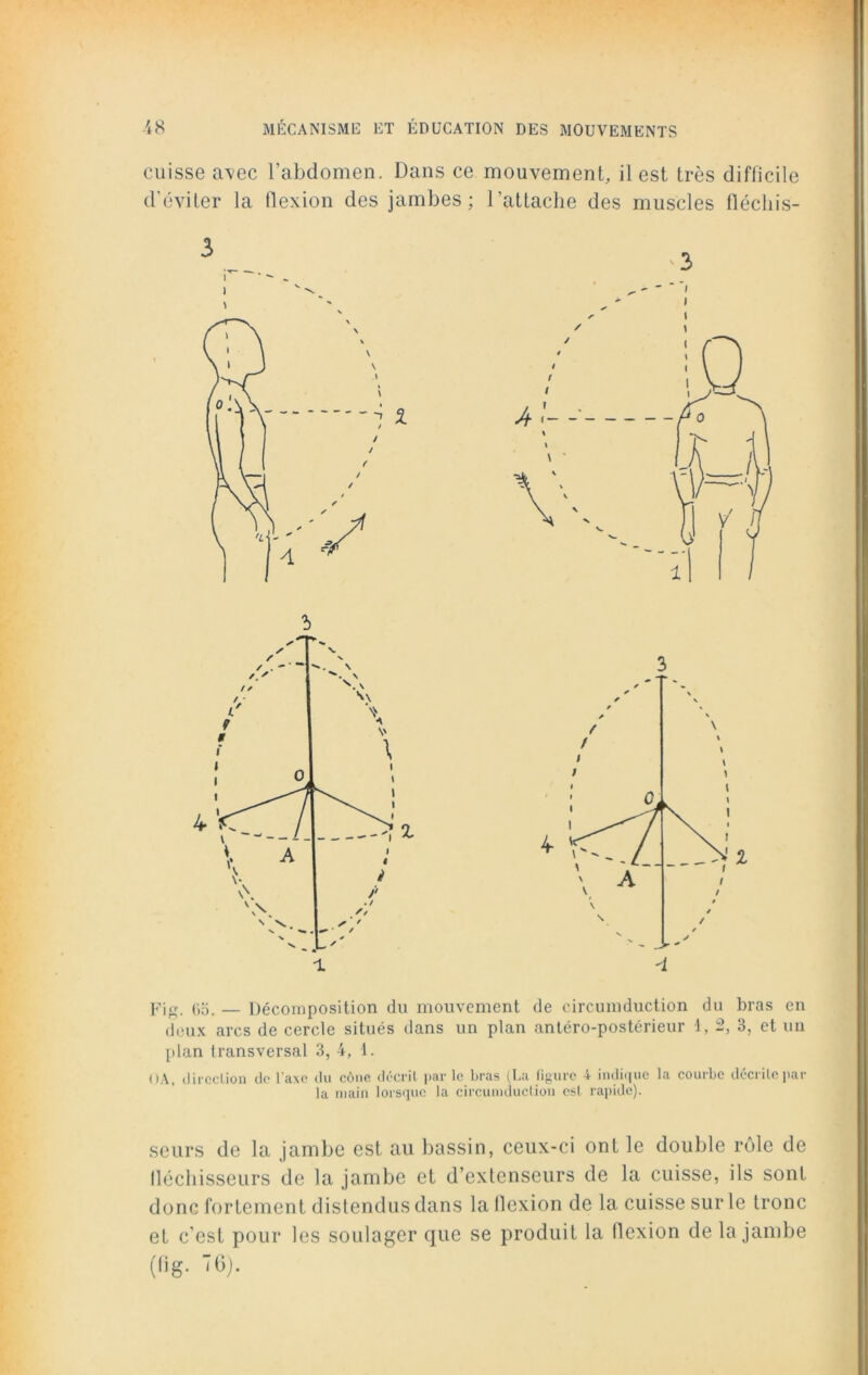 cuisse avec l’abdomen. Dans ce mouvement, il est très difficile d’éviter la flexion des jambes; l’attache des muscles fléchis- Fig. 65. — Décomposition du mouvement de circumduction du bras en deux arcs de cercle situés dans un plan antéro-postérieur 1, 2, 3, et un plan transversal 3, 4, 1. OA, direction de l'axe du cône décrit par le bras (La figure 4 indique la courbe décrite par la main lorsque la circumduction est rapide). seurs de la jambe est au bassin, ceux-ci ont le double rôle de fléchisseurs de la jambe et d’extenseurs de la cuisse, ils sont donc fortement distendus dans la flexion de la cuisse sur le tronc et c’est pour les soulager que se produit la flexion de la jambe (fig- ”6).