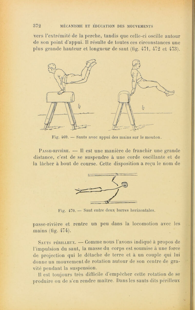 vers l’extrémité de la perche, tandis que celle-ci oscille autour de son point d'appui. 11 résulte de toutes ces circonstances une plus grande hauteur et longueur de saut (fig. 471, 472 et 473). Fig. 469. — Sauts avec appui des mains sur le mouton. Passe-rivière. — 11 est une manière de franchir une grande distance, c’est de se suspendre à une corde oscillante et de la lâcher à bout de course. Cette disposition a reçu le nom de Fig. 470. — Saut entre deux barres horizontales. passe-rivière et rentre un peu dans la locomotion avec les mains (fig. 474). Sauts périlleux. — Comme nous l'avons indiqué à propos de l’impulsion du saut, la masse du corps est soumise à une force de projection qui le détache de terre et à un couple qui lui donne un mouvement de rotation autour de son centre de gra- vité pendant la suspension. 11 est toujours Irès difficile d’empêcher cette rotation de se produire ou de s'en rendre maître. Dans les sauls dits périlleux