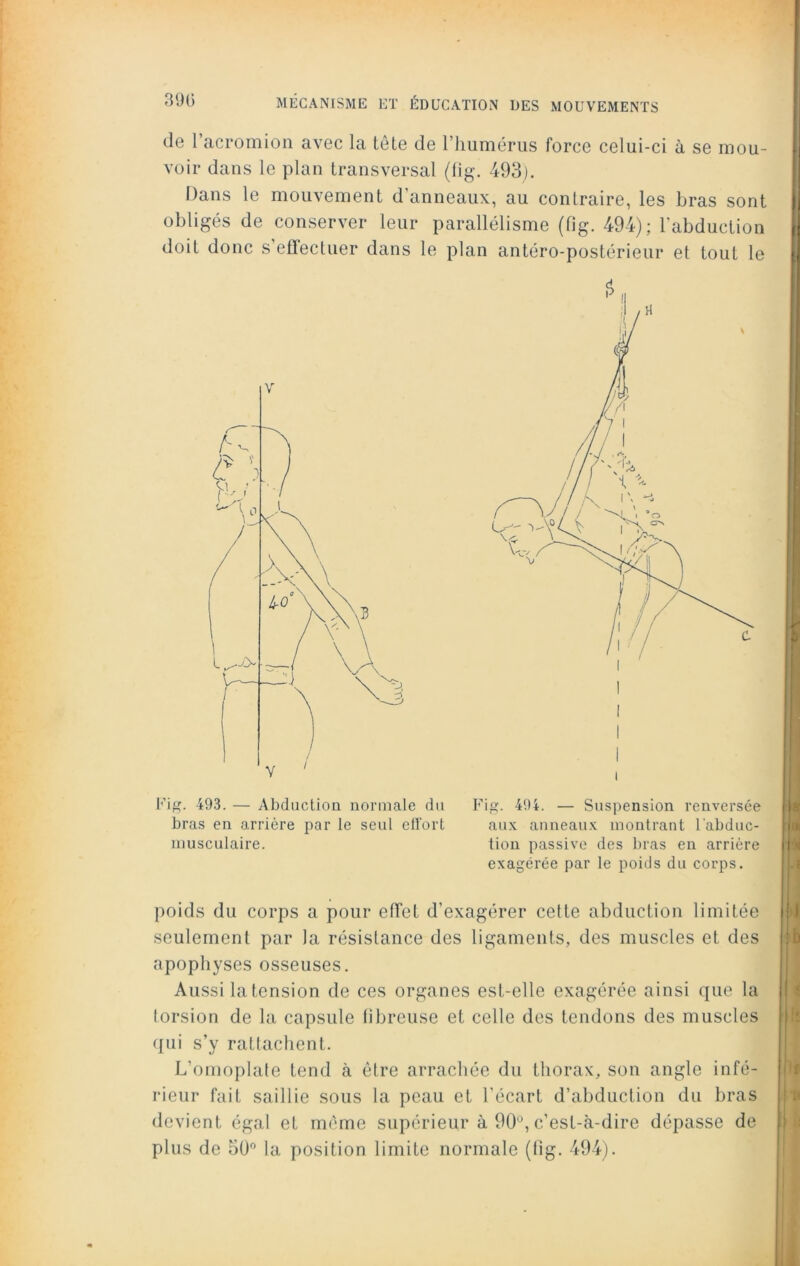 de l’acromion avec la tête de l’humérus force celui-ci à se mou- voir dans le plan transversal (fig. 493). Dans le mouvement d’anneaux, au contraire, les bras sont obligés de conserver leur parallélisme (fig. 494); l'abduction doit donc s effectuer dans le plan antéro-postérieur et tout le Fig. 493. — Abduction normale du bras en arrière par le seul effort musculaire. Fig. 494. — Suspension renversée aux anneaux montrant l'abduc- tion passive des bras en arrière exagérée par le poids du corps. poids du corps a pour effet d’exagérer cette abduction limitée seulement par la résistance des ligaments, des muscles et des apophyses osseuses. Aussi la tension de ces organes est-elle exagérée ainsi que la torsion de la capsule fibreuse et celle des tendons des muscles qui s’y rattachent. L’omoplate tend à être arrachée du thorax, son angle infé- rieur fait saillie sous la peau et l’écart d’abduction du bras devient égal et même supérieur à 90°, c’est-à-dire dépasse de plus de 50° la position limite normale (fig. 494). k il