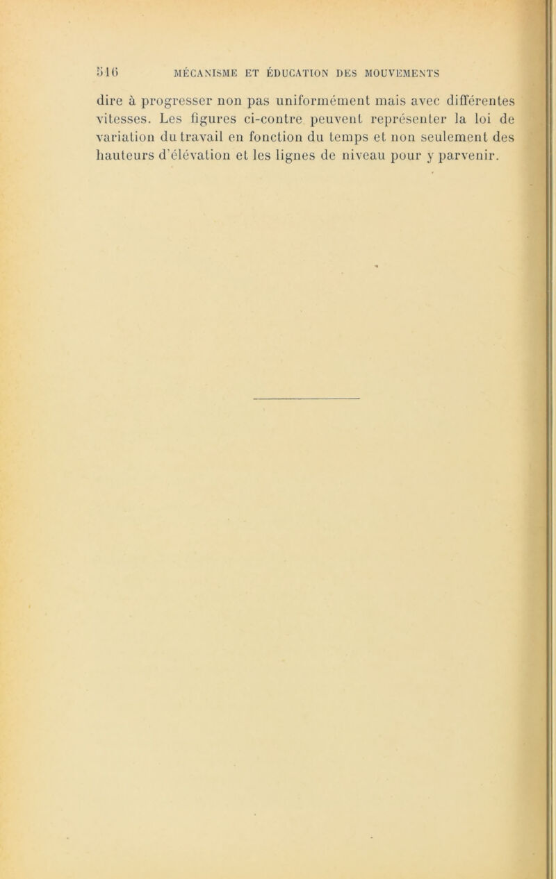 dire à progresser non pas uniformément mais avec différentes vitesses. Les figures ci-contre peuvent représenter la loi de variation du travail en fonction du temps et non seulement des hauteurs d'élévation et les lignes de niveau pour y parvenir.