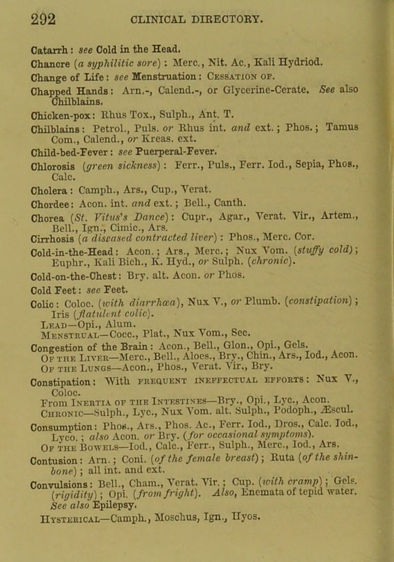 Catarrh: see Cold in the Head. Chancre (a syphilitic sore): Merc., Nit. Ac., Kali Ilydriod. Change of Life: see Menstruation: Cessation op. Chapped Hands: Arn.-, Calend.-, or Glycerine-Cerate. See also Chilblains. Chicken-pox: Rhus Tox., Sulph., Ant. T. Chilblains: Petrol., Puls, or Rhus int. and ext.; Phos.; Tamus Com., Calend., or ICreas. ext. Child-bed-Fever: see Puerperal-Fever. Chlorosis (green sickness): Fcrr., Puls., Ferr. Iod., Sepia, Phos., Calc. Cholera: Camph., Ars., Cup., Verat. Chordee: Aeon. int. and ext.; Bell., Canth. Chorea (St. Vitus’s Dance): Cupr., Agar., Verat. Vir., Artem., Bell., Ign., Cimic., Ars. Cirrhosis (a diseased contracted liver): Phos., Merc. Cor. Cold-in-the-Head: Aeon.; Ars., Merc.; Nux Vom. (stuffy cold)-, Euphr., Kali Bicli., K. Hyd., or Sulph. (chronic). Cold-on-the-Chest: Bry. alt. Aeon, or Phos. Cold Feet: see Feet. Colic: Coloc. (with diarrhoea), Nux V., or Plumb, (constipation); Iris (flatulent colic). Lead—Opi., Alum. Menstrual—Cocc., Plat., Nux Vom., Sec. Congestion of the Brain: Aeon., Bell., Glon., Opi., Gels. Of the Liver—Merc., Bell., Aloes., Bry., Chin., Ars., Iod., Aeon. Of the Lungs—Aeon., Phos., Verat. Vir., Bry. Constipation; With frequent ineffectual efforts: Nux V., Coloc. _ „ . T , From Inertia of tiik Intestines—Bry., Opi., Lye., Acorn Chronic—Sulph., Lyc., Nux Vom. alt. Sulph., Podoph., JEscul. Consumption; Phos., Ars., Phos. Ac., Ferr. Iod., Dros., Calc. Iod., Lyco ; also Aeon, or Bry. (for occasional symptoms). Of the Bowels—Iod., Calc., Ferr., Sulph., Merc., Iod., Ars. Contusion: Arn.; Coni, (of the female breast)-, lluta (of the shin- bone) ; all int. and ext. Convulsions: Bell., Cham., Verat. Vir.; Cup. (with cramp); Gels. (rigidity)-, Opi. (from fright). Also, Enemataof tepid water. See also Epilepsy. Hysterical—Camph., Moschus, Ign., Ilyos.