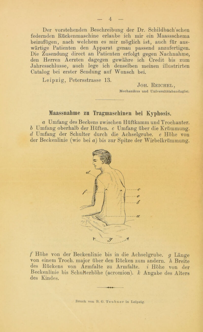Der vorstehenden Beschreibung der Dr. Schildbach'schen federnden Rückenmaschine erlaube ich mir ein Maassschema beizufügen, nach welchem es mir möglich ist, auch für aus- wärtige Patienten den Apparat genau passend anzufertigen. Die Zusendung direct an Patienten erfolgt gegen Nachnahme, den Herren Aerzten dagegen gewähre ich Credit bis zum Jahresschlüsse, auch lege ich denselben meinen illustrirten Catalog bei erster Sendung auf Wunsch bei. Leipzig, Petersstrasse 13. Joh. Reichel, Mechanikus und Universitätsbandagist. Maassnahme zu Tragmascliinen bei Kypliosis. a Umfang des Beckens zwischen Hüftkamm und Trochanter. b Umfang oberhalb der Hüften, c Umfang über die Krümmung. d Umfang der Schulter durch die Achselgrube, e Höhe von der Beckenlinie (wie bei a) bis zur Spitze der Wirbelkrümmung. f Höhe von der Beckenlinie bis in die Achselgrube, g Länge von einem Troch. major über den Rücken zum andern, h Breite des Rückens von Armfalte zu Armfalte, i Höhe von der Beckenlinie bis Schufterhöhe (acromion). Je Angabe des Alters des Kindes. Druck von B. G. Teubner in Leipzig.