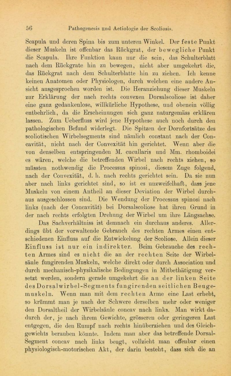 Scapula und deren Spina bis zum unteren Winkel. Der feste Punkt dieser Muskeln ist offenbar das Rückgrat, der bewegliche Punkt die Scapula. Ihre Funktion kann nur die sein, das Schulterblatt nach dem Rückgrate hin zu bewegen, nicht aber umgekehrt die, das Rückgrat nach dem Schulterblatte hin zu ziehen. Ich kenue keinen Anatomen oder Physiologen, durch welchen eine andere An- sicht ausgesprochen worden ist. Die Heranziehung dieser Muskeln zur Erklärung der nach rechts convexen Dorsalscoliose ist daher eine ganz gedankenlose, willkürliche Hypothese, und obenein völlig entbehrlich, da die Erscheinungen sich ganz naturgemäss erklären lassen. Zum Ueberfluss wird jene Hypothese auch noch durch den pathologischen Befund widerlegt. Die Spitzen der Dornfortsätze des scoliotischen Wirbelsegments sind nämlich constant nach der C011- cavität, nicht nach der Convexität hin gerichtet. Wenn aber die von denselben entspringenden M. cucullaris und Mm. rhomboidei es wären, welche die betreffenden Wirbel nach rechts ziehen, so müssten nothwendig die Processus spiuosi, diesem Zuge folgend, nach der Convexität, d. h. nach rechts gerichtet sein. Da sie nun aber nach links gerichtet sind, so ist es unzweifelhaft, dass jene Muskeln von einem Antheil an dieser Deviation der Wirbel durch- aus ausgeschlossen sind. Die Wendung der Processus spiuosi nach links (nach der Concavität) bei Dorsalscoliose hat ihren Grund in der nach rechts erfolgten Drehung der Wirbel um ihre Längsachse. Das Sachverhältniss ist demnach ein durchaus anderes. Aller- dings übt der vorwaltende Gebrauch des rechten Armes einen ent- schiedenen Einfluss auf die Entwickelung der Scoliose. Allein dieser Einfluss ist nur ein indirekter. Beim Gebrauche des rech- ten Armes sind es nicht die an der rechten Seite der Wirbel- säule fungirenden Muskeln, welche direkt oder durch Association und durch mechanisch-physikalische Bedingungen in Mitbethätigung ver- setzt werden, sondern gerade umgekehrt die an der linken Seite des Dorsal wirbel-Segments fungirenden seitlichen Beuge- muskeln. Wenn man mit dem rechten Anne eine Last erhebt, so krümmt man je nach der Schwere derselben mehr oder weniger den Dorsaltheil der Wirbelsäule concav nach links. Man wirkt da- durch der, je nach ihrem Gewichte, grösseren oder geringeren Last entgegen, die den Rumpf nach rechts hinüberziehen und des Gleich- gewichts berauben könnte. Indem man aber das betreffende Dorsal- Segment concav nach links beugt, vollzieht man offenbar einen physiologisch-motorischen Akt, der darin besteht, dass sich die an