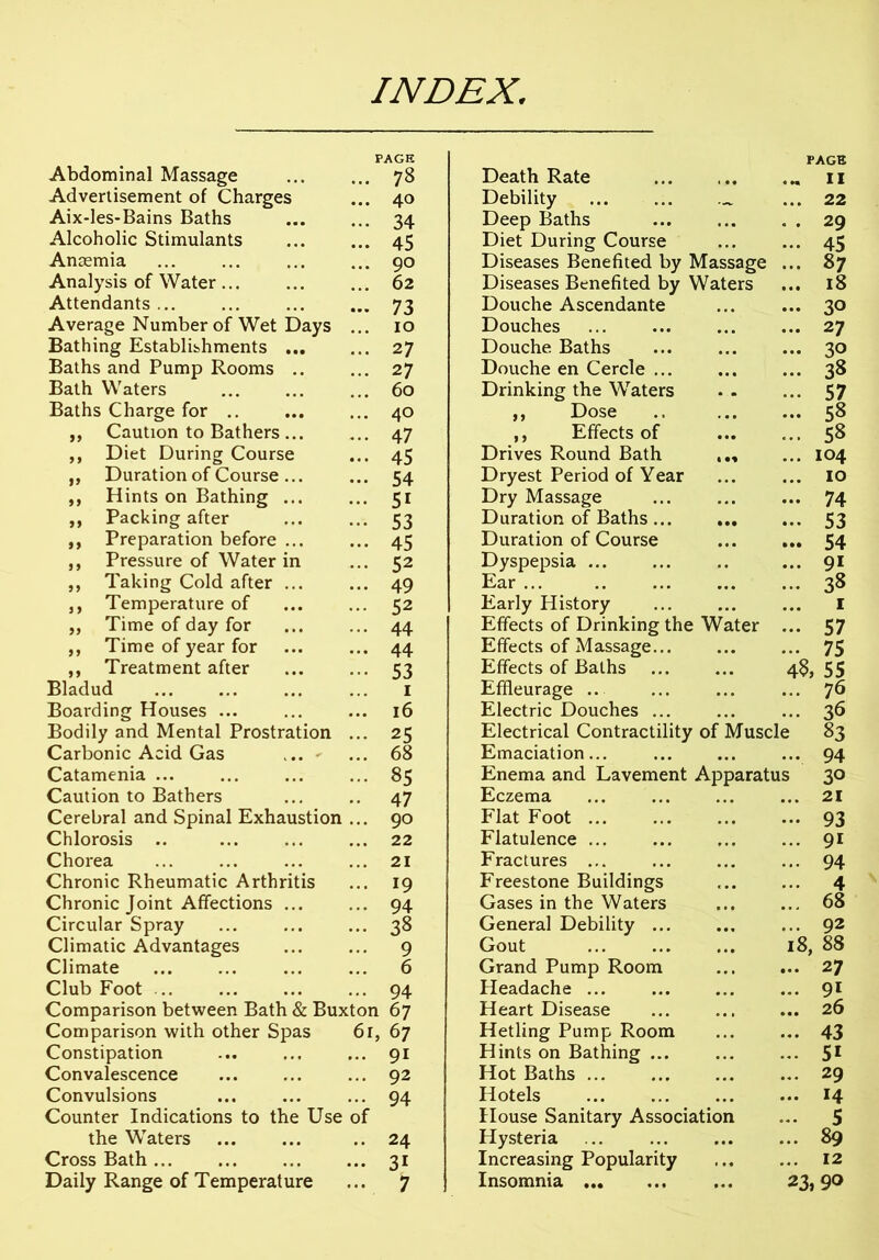 INDEX. Abdominal Massage PAGE ... 78 Death Rate PAGE ... II Advertisement of Charges 40 Debility ... 22 Aix-les-Bains Baths 34 Deep Baths . . 29 Alcoholic Stimulants 45 Diet During Course ... 45 Anaemia 90 Diseases Benefited by Massage ... 87 Analysis of Water 62 Diseases Benefited by Waters ... 18 Attendants ... 73 Douche Ascendante ... 30 Average Number of Wet Days 10 Douches ... 27 Bathing Establishments ... 27 Douche Baths ... 30 Baths and Pump Rooms .. 27 Douche en Cercle ... ... 38 Bath Waters 60 Drinking the Waters ... 57 Baths Charge for .. 40 ,, Dose ... 58 ,, Caution to Bathers ... 47 ,, Effects of ... 58 ,, Diet During Course • . ♦ 45 Drives Round Bath ... 104 ,, Duration of Course ... 54 Dryest Period of Year ... 10 ,, Hints on Bathing ... 5i Dry Massage ... 74 ,, Packing after 53 Duration of Baths... ... 53 ,, Preparation before ... 45 Duration of Course ... 54 ,, Pressure of Water in 52 Dyspepsia ... ... 91 ,, Taking Cold after ... 49 Ear ... ... 38 ,, Temperature of 52 Early History 1 ,, Time of day for 44 Effects of Drinking the Water ... 57 ,, Time of year for 44 Effects of Massage... ... 75 ,, Treatment after Bladud 53 Effects of Baths 4$> 55 Efileurage .. ... 76 Boarding Houses ... 16 Electric Douches ... ... 36 Bodily and Mental Prostration 25 Electrical Contractility of Muscle 83 Carbonic Acid Gas 68 Emaciation... ••• 94 Catamenia ... 85 Enema and Lavement Apparatus 30 Caution to Bathers 47 Eczema ... 21 Cerebral and Spinal Exhaustion 90 Flat Foot ... 93 Chlorosis .. 22 Flatulence ... ... 91 Chorea 21 Fractures ... ... 94 Chronic Rheumatic Arthritis 19 Freestone Buildings ... 4 Chronic Joint Affections ... 94 Gases in the Waters ... 68 Circular Spray 38 General Debility ... ... 92 Climatic Advantages 9 Gout 18, 88 Climate 6 Grand Pump Room ... 27 Club Foot 94 Headache ... ... 91 Comparison between Bath & Buxton 67 Heart Disease ... 26 Comparison with other Spas 61, 67 Hetling Pump Room ... 43 Constipation 91 Hints on Bathing ... ... 5i Convalescence 92 Hot Baths ... 29 Convulsions Counter Indications to the Use of 94 Hotels House Sanitary Association ... 14 ... 5 the Waters 24 Hysteria ... 89 Cross Bath ... 3i Increasing Popularity ... 12