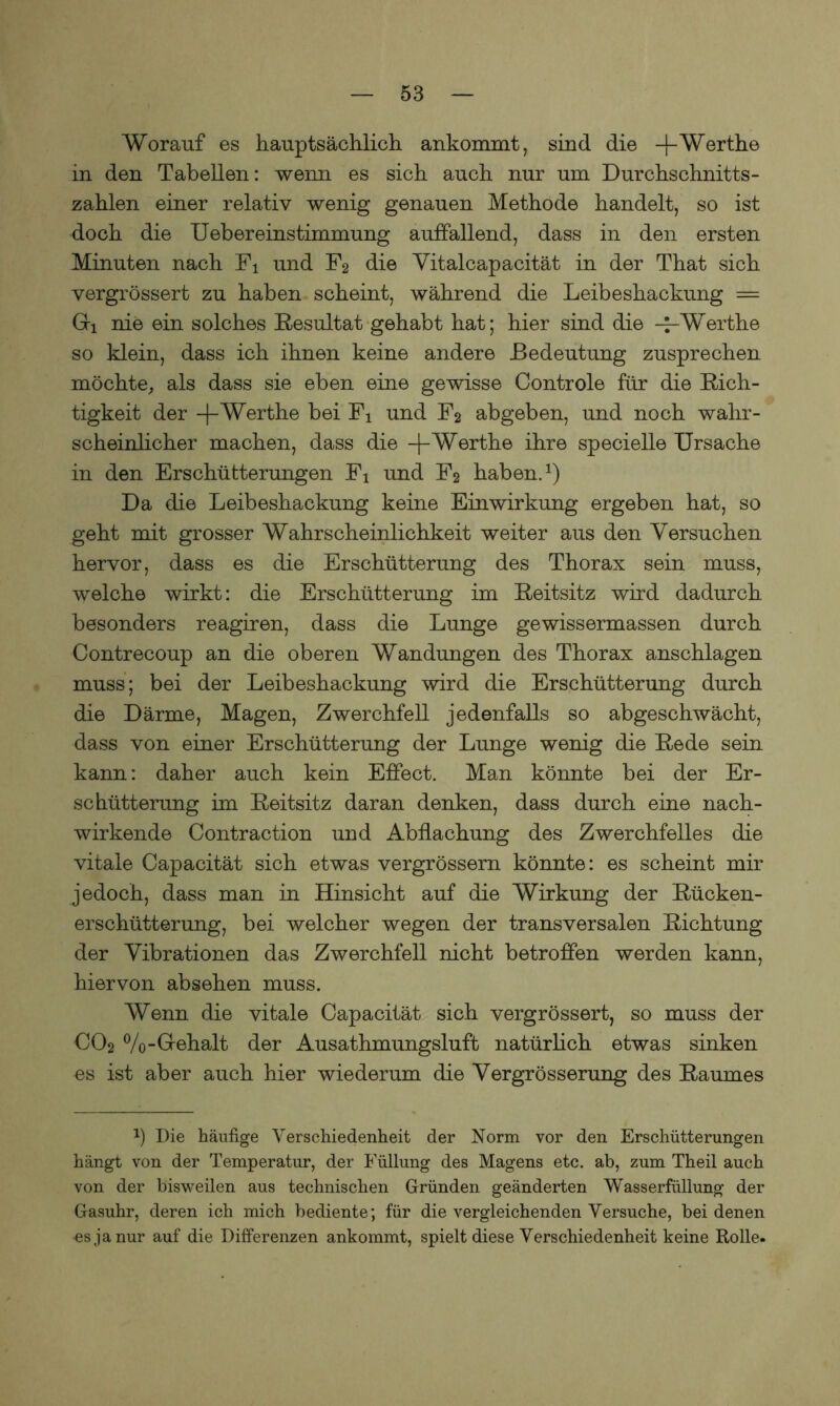 Worauf es hauptsächlich, ankommt, sind die -(-Werthe in den Tabellen: wenn es sich auch nur um Durchschnitts- zahlen einer relativ wenig genauen Methode handelt, so ist doch die Uebereinstimmung auffallend, dass in den ersten Minuten nach Fi und F2 die Yitalcapacität in der That sich vergrössert zu haben scheint, während die Leibeshackung = Gfi nie ein solches Resultat gehabt hat; hier sind die “Werthe so klein, dass ich ihnen keine andere Bedeutung zusprechen möchte, als dass sie eben eine gewisse Controle für die Rich- tigkeit der -}-Werthe bei Fi und F2 abgeben, und noch wahr- scheinlicher machen, dass die -f- Werthe ihre specielle Ursache in den Erschütterungen Fi und F2 haben.1) Da die Leibeshackung keine Einwirkung ergeben hat, so geht mit grosser Wahrscheinlichkeit weiter aus den Versuchen hervor, dass es die Erschütterung des Thorax sein muss, welche wirkt: die Erschütterung im Reitsitz wird dadurch besonders reagiren, dass die Lunge gewissermassen durch Contrecoup an die oberen Wandungen des Thorax anschlagen muss; bei der Leibeshackung wird die Erschütterung durch die Därme, Magen, Zwerchfell jedenfalls so abgeschwächt, dass von einer Erschütterung der Lunge wenig die Rede sein kann: daher auch kein Effect. Man könnte bei der Er- schütterung im Reitsitz daran denken, dass durch eine nach- wirkende Contraction und Abflachung des Zwerchfelles die vitale Capacität sich etwas vergrössem könnte: es scheint mir jedoch, dass man in Hinsicht auf die Wirkung der Rücken- erschütterung, bei welcher wegen der transversalen Richtung der Vibrationen das Zwerchfell nicht betroffen werden kann, hiervon absehen muss. Wenn die vitale Capacität sich vergrössert, so muss der C02 %-Gehalt der Ausathmungsluft natürlich etwas sinken es ist aber auch hier wiederum die Vergrösserung des Raumes h Die häufige Verschiedenheit der Norm vor den Erschütterungen hängt von der Temperatur, der Füllung des Magens etc. ab, zum Theil auch von der bisweilen aus technischen Gründen geänderten Wasserfüllung der Gasuhr, deren ich mich bediente; für die vergleichenden Versuche, bei denen •es ja nur auf die Differenzen ankommt, spielt diese Verschiedenheit keine Rolle.