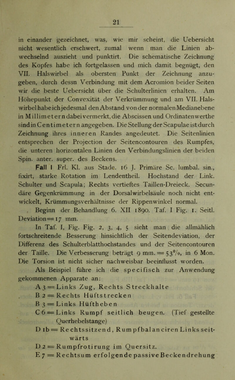 in einander gezeichnet, was, wie mir scheint, die Uebersicht nicht wesentlich erschwert, zumal wenn man die Linien ab- wechselnd auszieht und punktirt. Die schematische Zeichnung des Kopfes habe ich fortgelassen und mich damit begnügt, den VII. Halswirbel als obersten Punkt der Zeichnung anzu- geben, durch dessn Verbindung mit dem Acromion beider Seiten wir die beste Uebersicht über die Schulterlinien erhalten. Am Höhepunkt der Convexität der Verkrümmung und am VII. Hals- wirbel habeichjedesmal den Abstand von der normalen Medianebene in Millimetern dabei vermerkt, die Abscissenund Ordinatenwerthe sind inCentimetern angegeben. Die Stellung der Scapulae ist durch Zeichnung ihres inneren Randes angedeutet. Die Seitenlinien entsprechen der Projection der Seitencontouren des Rumpfes, die unteren horizontalen Linien den Verbindungslinien der beiden Spin, anter. super, des Beckens. Fall I Frl. Kl. aus Stade. 16 J. Primäre Sc. lumbal, sin., fixirt, starke Rotation im Lendentheil. Hochstand der Link. Schulter und Scapula; Rechts vertieftes Taillen-Dreieck. Secun- däre Gegenkrümmung in der Dorsalwirbelsäule noch nicht ent- wickelt, Krümmungsverhältnisse der Rippenwinkel normal. , Beginn der Behandlung 6. XII 1890. Taf. I Fig. 1. Seitl. Deviation=i7 mm. In Taf. I, Fig. Fig. 2, 3, 4, 5 sieht man die allmählich fortschreitende Besserung hinsichtlich der Seitendeviation, der Differenz des Schulterblatthochstandes und der Seitencontouren der Taille. Die Verbesserung beträgt 9 mm. = 53%, in 6 Mon. Die Torsion ist nicht sicher nachweisbar beeinflusst worden. Als Beispiel führe ich die specifisch zur Anwendung gekommenen Apparate an: A3 = Links Zug, Rechts Streckhalte B2 = Rechts Hüftstrecken B3 = Links Hüftheben C6 = Links Rumpf seitlich beugen. (Tief gestellte Querhebelstange) D ib=Rechtssitzend, Ru mp fbalancirenLinks seit- wärts D 2 = Rumpfrotirung im Quersitz. E7 = Rechtsum erfolgende passive Becken dreh ung