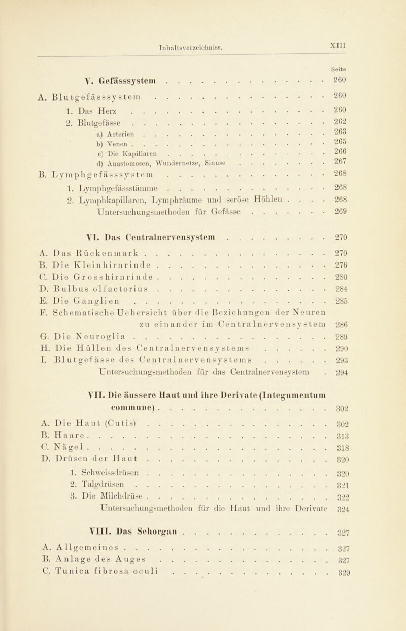 Seite V. Gefässsystem 260 A. B1 u t g e f ä s s s y s t e m 1. Das Herz 2. Blutgefässe a) Arterien . b) Venen c) Die Kapillaren d) Anastomosen, Wundernetze, Sinuse B. Lymphgefässsystem 1. Lymphgefässstäinme 2. Lymphkapillaren, Lymphräume und seröse Höhlen . Untersuchungsmethoden für Gefässe VI. Das Centralnervensystein 270 A. Das Rückenmark 270 B. Die Kleinhirnrinde 276 C. Die Grosshirnrinde 280 D. Bulbus olfactorius 284 E. Die Ganglien 285 F. Schematische Uebersieht über die Beziehungen der Nsuren zu einander im Central nerve nsyste m 286 G. D i e N e u r o g 1 i a 289 H. Die Hüllen des Centralnervensystems 290 I. Blutgefässe des Centralnervensystems 295 Untersuchungsmethoden für das Centralnervensystem . 294 VII. Die äussere Haut und ihre Derivate (Integumentum commune) 302 A. Die Haut (Cutis) 302 B. Haare 313 C. Nägel 318 D. Drüsen der Haut 320 1. Schweissdrüsen 320 2. Talgdrüsen 321 3. Die Milchdrüse 322 Untersuchungsmethoden für die Haut und ihre Derivate 324 VIII. Das Sehorgan 327 A. Allgemeines 327 B. Anlage des Auges 327 C. T u n i c a f i b r o s a o c u 1 i 329 260 262 263 265 266 267 268 268 268