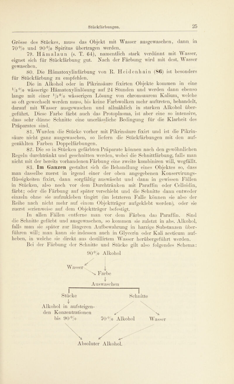 Stückfärbungen. Grösse des Stückes, muss das Objekt mit Wasser ausgewaschen, dann in 70°/o und 90°/o Spiritus übertragen werden. 79. Hämalaun (s. T. 64), namentlich stark verdünnt mit Wasser, eignet sich für Stückfärbung gut. Nach der Färbung wird mit dest. A\ asser gewaschen. 80. Die Hämatoxylinfärbung von R. Heidenhain (80) ist besonders für Stückfärbung zu empfehlen. Die in Alkohol oder in Pikrinsäure fixirten Objekte kommen in eine 1/3°/o wässerige Hämatoxylinlösung auf 24 Stunden und werden dann ebenso lange mit einer 1j2°o wässerigen Lösung von chromsaurem Kalium, welche so oft gewechselt werden muss, bis keine Färb wölken mehr auf treten, behandelt, darauf mit Wasser ausgewaschen und allmählich in starken Alkohol über- geführt. Diese Farbe färbt auch das Protoplasma, ist aber eine so intensive, dass sehr dünne Schnitte eine unerlässliche Bedingung für die Klarheit des Präparates sind. 81. Wurden die Stücke vorher mit Pikrinsäure fixirt und ist die Pikrin- säure nicht ganz ausgewaschen, so liefern die Stückfärbungen mit den auf- gezählten Farben Doppelfärbungen. 82. Die so in Stücken gefärbten Präparate können nach den gewöhnlichen Regeln durchtränkt und geschnitten werden, wobei die Schnittfärbung, falls man nicht mit der bereits vorhandenen Färbung eine zweite kombiniren will, wegfällt. 88. Im Ganzen gestaltet sich die Behandlung eines Objektes so, dass man dasselbe zuerst in irgend einer der oben angegebenen Konservirungs- flüssigkeiten fixirt, dann sorgfältig auswäscht und dann in gewissen Fällen in Stücken, also noch vor dem Durchtränken mit Paraffin oder Celloidin, färbt; oder die Färbung auf später verschiebt und die Schnitte dann entweder einzeln ohne sie aufzukleben tingirt (im letzteren Falle können sie also der Reihe nach nicht mehr auf einem Objektträger aufgeklebt werden), oder sie zuerst serienweise auf dem Objektträger befestigt. In allen Fällen entferne man vor dem Färben das Paraffin. Sind die Schnitte gefärbt und ausgewaschen, so kommen sie zuletzt in abs. Alkohol, falls man sie später zur längeren Aufbewahrung in harzige Substanzen über- führen will; man kann sie indessen auch in Glycerin oder Kali aeeticum auf- heben, in welche sie direkt aus destillirtem Wasser herübergeführt werden. Bei der Färbung der Schnitte und Stücke gilt also folgendes Schema: 90°/o Alkohol Wasser sä Farbe Auswaschen ^e I. Schnitte Alkohol in aufsteigen- den Konzentrationen s n* bis 90 °/o 70 °/o Alkohol Wasser