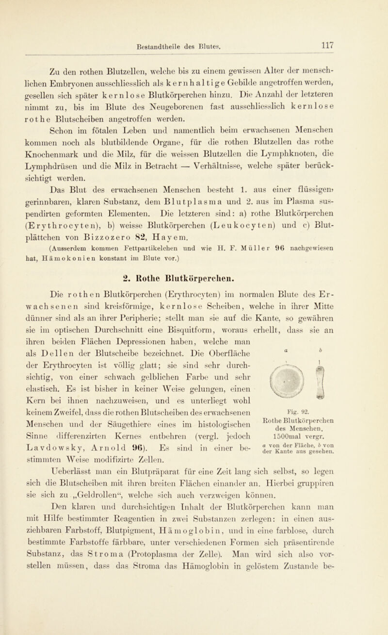 Zu den rothen Blutzellen, welche bis zu einem gewissen Alter der mensch- lichen Embryonen ausschliesslich als kernhaltige Gebilde angetroffen werden, gesellen sich später kernlose Blutkörperchen hinzu. Die Anzahl der letzteren nimmt zu, bis im Blute des Neugeborenen fast ausschliesslich kernlose rot he Blutscheiben angetroffen werden. Schon im fötalen Leben und namentlich beim erwachsenen Menschen kommen noch als blutbildende Organe, für die rothen Blutzellen das rothe Knochenmark und die Milz, für die weissen Blutzellen die Lymphknoten, die Lymphdriisen und die Milz in Betracht — Verhältnisse, welche später berück- sichtigt werden. Das Blut des erwachsenen Menschen besteht 1. aus einer flüssigen? gerinnbaren, klaren Substanz, dem Blutplasma und 2. aus im Plasma sus- pendirten geformten Elementen. Die letzteren sind: a) rothe Blutkörperchen (E ry throcy ten), b) weisse Blutkörperchen (Leu kocyten) und c) Blut- plättchen von Bizzozero 82, Hayem. (Ausserdem kommen Fettpartikelcken und wie II. F. Müller 96 nachgewiesen hat, Hämokonien konstant im Blute vor.) 2. Rothe Blutkörperchen. Die rothen Blutkörperchen (Ery throcy ten) im normalen Blute des Er- wachsenen sind kreisförmige, kernlose Scheiben, welche in ihrer Mitte dünner sind als an ihrer Peripherie; stellt man sie auf die Kante, so gewähren sie im optischen Durchschnitt eine Bisquitform, woraus erhellt, dass sie an ihren beiden Flächen Depressionen haben, welche man als Dellen der Blutscheibe bezeichnet. Die Oberfläche der Erythrocyten ist völlig glatt; sie sind sehr durch- sichtig, von einer schwach gelblichen Farbe und sehr elastisch. Es ist bisher in keiner Weise gelungen, einen Kern bei ihnen nachzuweisen, und es unterliegt wohl keinem Zweifel, dass die rothen Blutscheiben des erwachsenen Menschen und der Säugethiere eines im histologischen Sinne differenzirten Kernes entbehren (vergl. jedoch Lavdowsky, Arnold 96). Es sind in einer be- stimmte]! Weise modifizirte Zellen. Ueberlässt man ein Blutpräparat für eine Zeit lang sich selbst, so legen sich die Blutscheiben mit ihren breiten Flächen einander an. Hierbei gruppiren sie sich zu „Geldrollen“, welche sich auch verzweigen können. Den klaren und durchsichtigen Inhalt der Blutkörperchen kann man mit Hilfe bestimmter Reagentien in zwei Substanzen zerlegen: in einen aus- ziehbaren Farbstoff, Blutpigment, Hämoglobin, und in eine farblose, durch bestimmte Farbstoffe färbbare, unter verschiedenen Formen sich präsentirende Substanz, das Stroma (Protoplasma der Zelle). Man wird sich also vor- stellen müssen, dass das Stroma das Hämoglobin in gelöstem Zustande be- f Fig. 92. Rothe Blutkörperchen des Menschen. löOOmal vergr. a von der Fläche, b von der Kante aus gesehen.