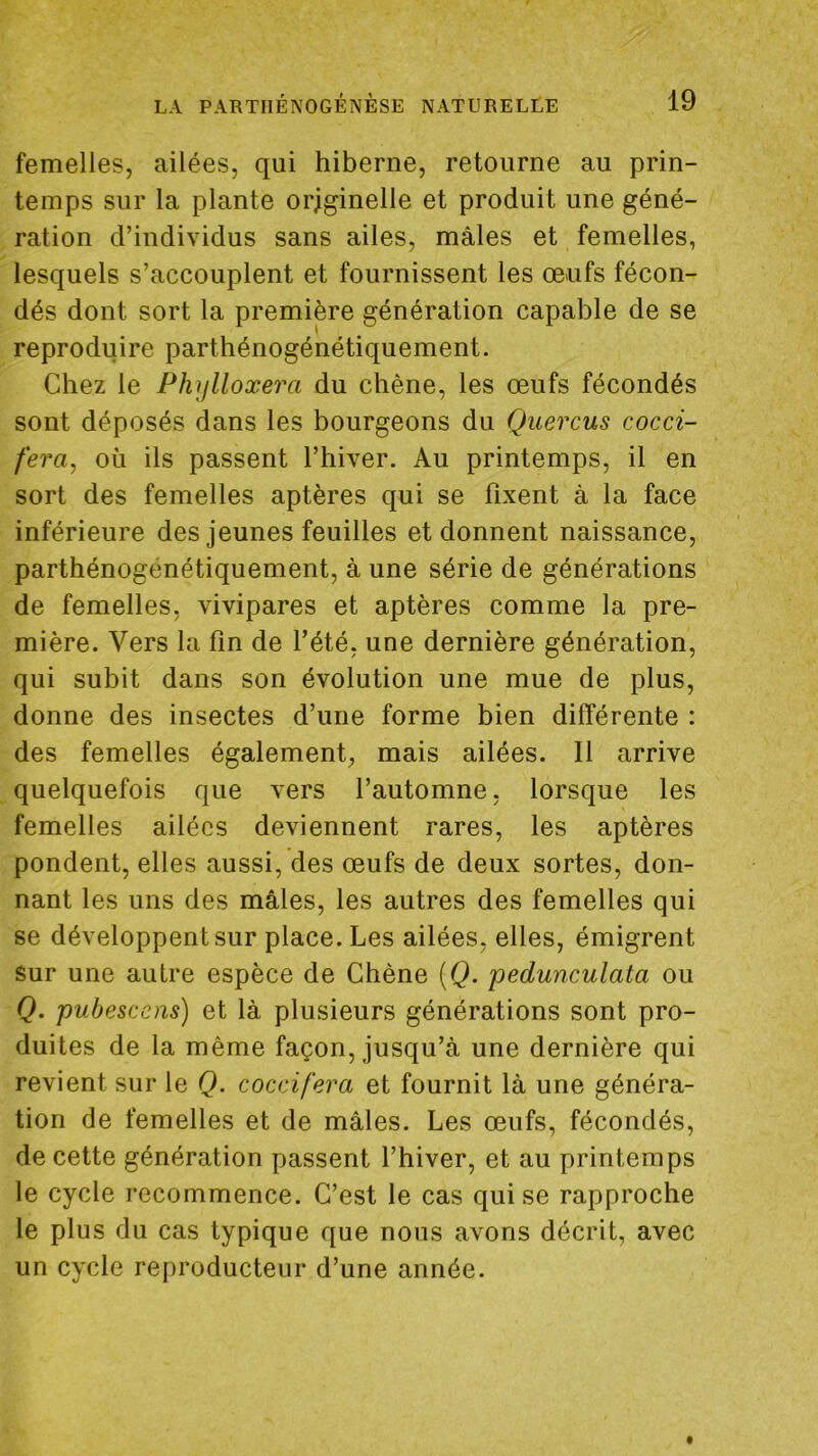 femelles, ailées, qui hiberne, retourne au prin- temps sur la plante originelle et produit une géné- ration d’individus sans ailes, mâles et femelles, lesquels s’accouplent et fournissent les œufs fécon- dés dont sort la première génération capable de se reproduire parthénogénétiquement. Chez le Phylloxéra du chêne, les œufs fécondés sont déposés dans les bourgeons du Quercus cocci- fera, où ils passent l’hiver. Au printemps, il en sort des femelles aptères qui se fixent à la face inférieure des jeunes feuilles et donnent naissance, parthénogénétiquement, à une série de générations de femelles, vivipares et aptères comme la pre- mière. Vers la fin de l’été, une dernière génération, qui subit dans son évolution une mue de plus, donne des insectes d’une forme bien différente : des femelles également, mais ailées. 11 arrive quelquefois que vers l’automne, lorsque les femelles ailées deviennent rares, les aptères pondent, elles aussi, des œufs de deux sortes, don- nant les uns des mâles, les autres des femelles qui se développent sur place. Les ailées, elles, émigrent sur une autre espèce de Chêne {Q. pedunculata ou Q. pubescens) et là plusieurs générations sont pro- duites de la même façon, jusqu’à une dernière qui revient sur le Q. coccifera et fournit là une généra- tion de femelles et de mâles. Les œufs, fécondés, de cette génération passent l’hiver, et au printemps le cycle recommence. C’est le cas qui se rapproche le plus du cas typique que nous avons décrit, avec un cycle reproducteur d’une année.