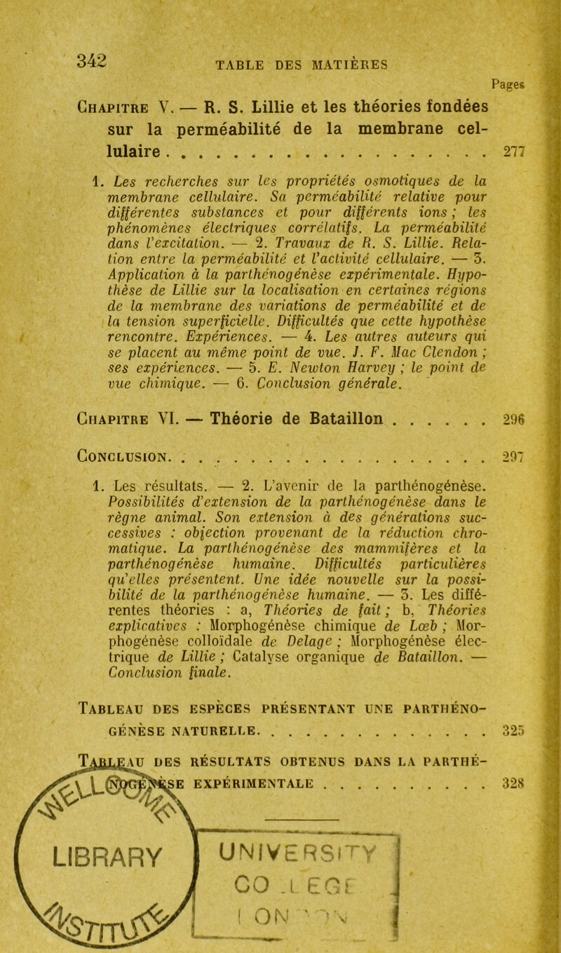 Pages Chapitre V. — R. S. Lillie et les théories fondées sur la perméabilité de la membrane cel- 1. Les recherches sur les propriétés osmotiques de la membrane cellulaire. Sa perméabilité relative pour différentes substances et pour différents ions ; les phénomènes électriques corrélatifs. La perméabilité dans l'excitation. — 2. Travaux de R. S. Lillie. Rela- tion entre la perméabilité et l'activité cellulaire. — 5. Application à la parthénogénèse expérimentale. Hypo- thèse de Lillie sur la localisation en certaines régions de la membrane des variations de perméabilité et de la tension superficielle. Difficultés que cette hypothèse rencontre. Expériences. — 4. Les autres auteurs qui se placent au même point de vue. J. F. Mac Clendon ; ses expériences. — 5. E. Newton Harvey ; le point de vue chimique. — 6. Conclusion générale. Chapitre VL — Théorie de Bataillon 296 Conclusion 297 1. Les résultats. — 2. L’avenir de la parthénogénèse. Possibilités d’extension de la parthénogénèse dans le règne animal. Son extension à des générations suc- cessives : objection provenant de la réduction chro- matique. La parthénogénèse des mammifères et la parthénogénèse humaine. Difficultés particidières qu'elles présentent. Une idée nouvelle sur la possi- bilité de la parthénogénèse humaine. — 5. Les diffé- rentes théories : a, Théories de fait ; b, Théories explicatives : Morphogénèse chimique de Lœb ; Mor- phogénèse colloïdale de Delage ; Morphogénèse élec- trique de Lillie ; Catalyse organique de Bataillon. — Conclusion finale. Tableau des espèces présentant une parthéno- genèse NATURELLE. 325 r ' ÎNUS DANS LA PARTHÉ- lulaire 277 UNiVERSiTY GO .1 ECi 328