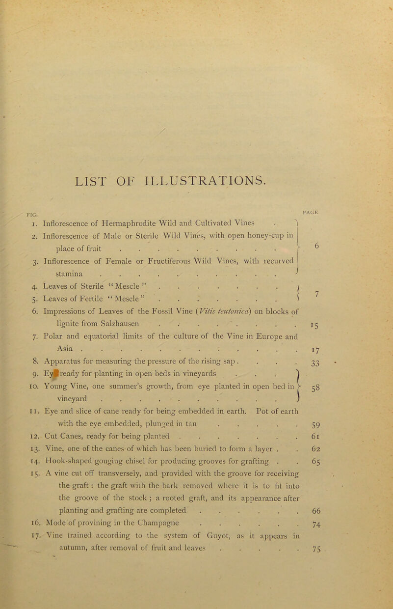 LIST OF ILLUSTRATIONS. 1. Inflorescence of Hermaphrodite Wild and Cultivated Vines 2. Inflorescence of Male or Sterile Wild Vines, with open honey-cup in place of fruit ......... r ^ 3. Inflorescence of Female or Fructiferous Wild Vines, with recurved stamina .......... 4. Leaves of Sterile “Mescle” ....... 1 5. Leaves of Fertile “Mescle” ....... 1 6. Impressions of Leaves of the Fossil Vine (Vitis teutonica) on blocks of lignite from Salzhausen . . . . . . . .15 7. Polar and equatorial limits of the culture of the Vine in Europe and Asia . 17 8. Apparatus for measuring the pressure of the rising sap . 9. Ey||ready for planting in open beds in vineyards 10. Young Vine, one summer’s growth, from eye planted in open bed in vineyard .......... 11. Eye and slice of cane ready for being embedded in earth. Pot of earth with the eye embedded, plunged in tan . . . . -59 12. Cut Canes, ready for being planted ....... 61 13. Vine, one of the canes of which has been buried to form a layer . . 62 14. Hook-shaped gouging chisel for producing grooves for grafting . . 65 15. A vine cut off transversely, and provided with the groove for receiving the graft: the graft with the bark removed where it is to fit into the groove of the stock ; a rooted graft, and its appearance after planting and grafting are completed ... ... 66 16. Mode of provining in the Champagne ...... 74 17. Vine trained according to the system of Guyot, as it appears in autumn, after removal of fruit and leaves . . . 75