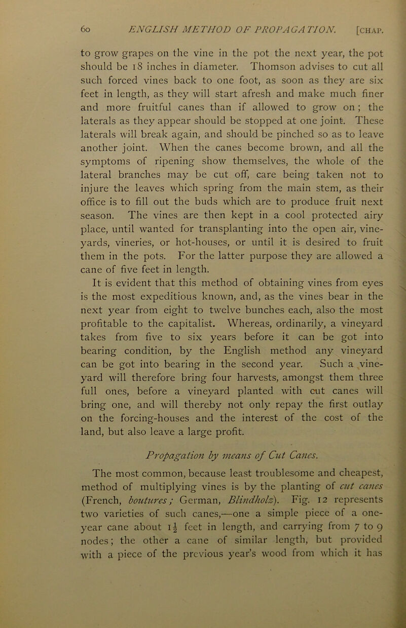 to grow grapes on the vine in the pot the next year, the pot should be iS inches in diameter. Thomson advises to cut all such forced vines back to one foot, as soon as they are six feet in length, as they will start afresh and make much finer and more fruitful canes than if allowed to grow on ; the laterals as they appear should be stopped at one joint. These laterals will break again, and should be pinched so as to leave another joint. When the canes become brown, and all the symptoms of ripening show themselves, the whole of the lateral branches may be cut off, care being taken not to injure the leaves which spring from the main stem, as their office is to fill out the buds which are to produce fruit next season. The vines are then kept in a cool protected airy place, until wanted for transplanting into the open air, vine- yards, vineries, or hot-houses, or until it is desired to fruit them in the pots. For the latter purpose they are allowed a cane of five feet in length. It is evident that this method of obtaining vines from eyes is the most expeditious known, and, as the vines bear in the next year from eight to twelve bunches each, also the most profitable to the capitalist. Whereas, ordinarily, a vineyard takes from five to six years before it can be got into bearing condition, by the English method any vineyard can be got into bearing in the second year. Such a vine- yard will therefore bring four harvests, amongst them three full ones, before a vineyard planted with cut canes will bring one, and will thereby not only repay the first outlay on the forcing-houses and the interest of the cost of the land, but also leave a large profit. Propagation by means of Cut Canes. The most common, because least troublesome and cheapest, method of multiplying vines is by the planting of cut canes (French, boutures; German, Blindholz). Fig. 12 represents two varieties of such canes,—one a simple piece of a one- year cane about \\ feet in length, and carrying from 7 to 9 nodes; the other a cane of similar length, but provided with a piece of the previous year’s wood from which it has