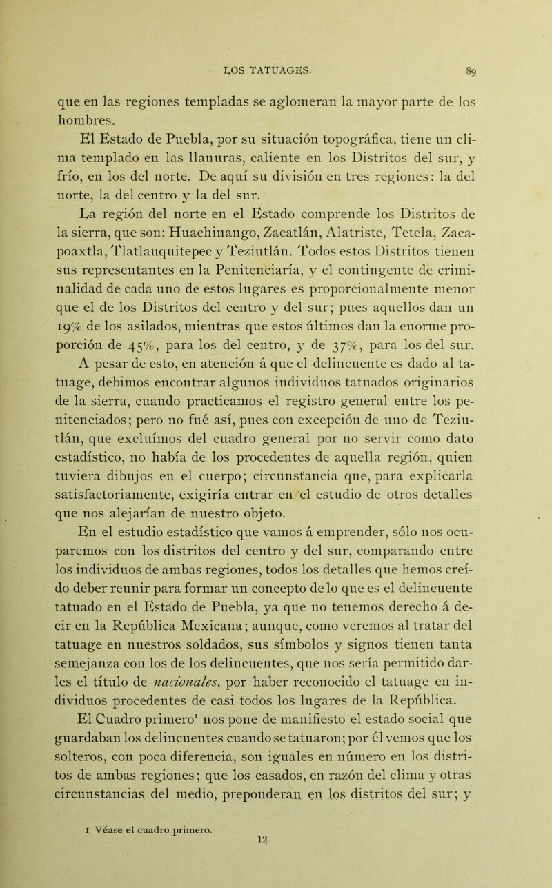 que en las regiones templadas se aglomeran la mayor parte de los hombres. El Estado de Puebla, por su situación topográfica, tiene un cli- ma templado en las llanuras, caliente en los Distritos del sur, y frío, en los del norte. De aquí su división en tres regiones: la del norte, la del centro y la del sur. Ea región del norte en el Estado comprende los Distritos de la sierra, que son: Huaehinango, Zacatlán, Alatriste, Tetela, Zaca- poaxtla, Tlatlauquitepec y Teziutlán. Todos estos Distritos tienen sus representantes en la Penitenciaría, y el contingente de crimi- nalidad de cada uno de estos lugares es proporcioualmente menor que el de los Distritos del centro y del sur; pues aquellos dan un 19% de los asilados, mientras que estos últimos dan la enorme pro- porción de 45%, para los del centro, y de 37%, para los del sur. A pesar de esto, en atención á que el delincuente es dado al ta- tuage, debimos encontrar algunos individuos tatuados originarios de la sierra, cuando practicamos el registro general entre los pe- nitenciados; pero no fue así, pues con excepción de uno de Teziu- tlán, que excluimos del cuadro general por no servir como dato estadístico, no había de los procedentes de aquella región, quien tuviera dibujos en el cuerpo; circunstancia que, para explicarla satisfactoriamente, exigiría entrar en el estudio de otros detalles que nos alejarían de nuestro objeto. En el estudio estadístico que vamos á emprender, sólo nos ocu- paremos con los distritos del centro y del sur, comparando entre los individuos de ambas regiones, todos los detalles que hemos creí- do deber reunir para formar un concepto de lo que es el delincuente tatuado en el Estado de Puebla, ya que no tenemos derecho á de- cir en la República Mexicana; aunque, como veremos al tratar del tatuage en nuestros soldados, sus símbolos y signos tienen tanta semejanza con los de los delincuentes, que nos sería permitido dar- les el título de nacionales, por haber reconocido el tatuage en in- dividuos procedentes de casi todos los lugares de la República. El Cuadro primero1 nos pone de manifiesto el estado social que guardaban los delincuentes cuando se tatuaron; por él vemos que los solteros, con poca diferencia, son iguales en número en los distri- tos de ambas regiones; que los casados, en razón del clima y otras circunstancias del medio, preponderan en los distritos del sur; y 1 Véase el cuadro primero. 12